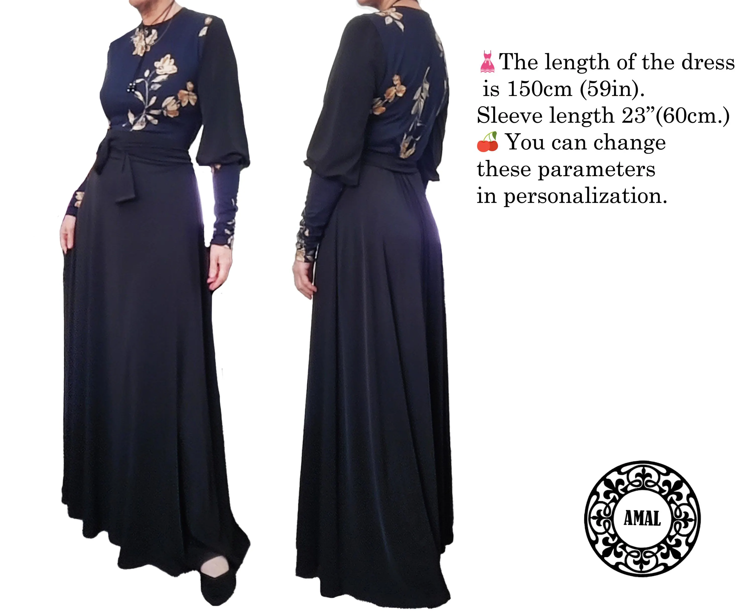AMAL MUSLIM. Elegant Long Dress with Floral Print, Polyester Maxi Dress, Modest Dress with Long Belt, Dark Navy / Black Options, Model 66 - image 3
