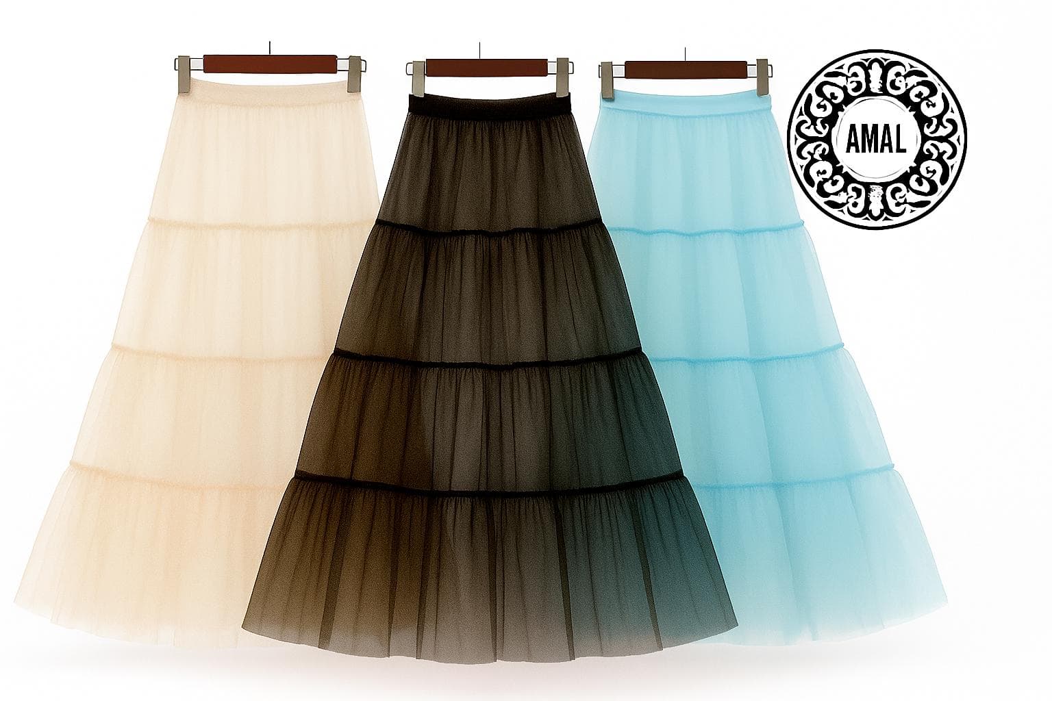 AMAL  Layered Tulle Petticoat Skirt • Soft Mesh Underskirt for Dresses • Puffy Volume Slip Skirt • 38" or 97 cm. Vintage Petticoats. USA