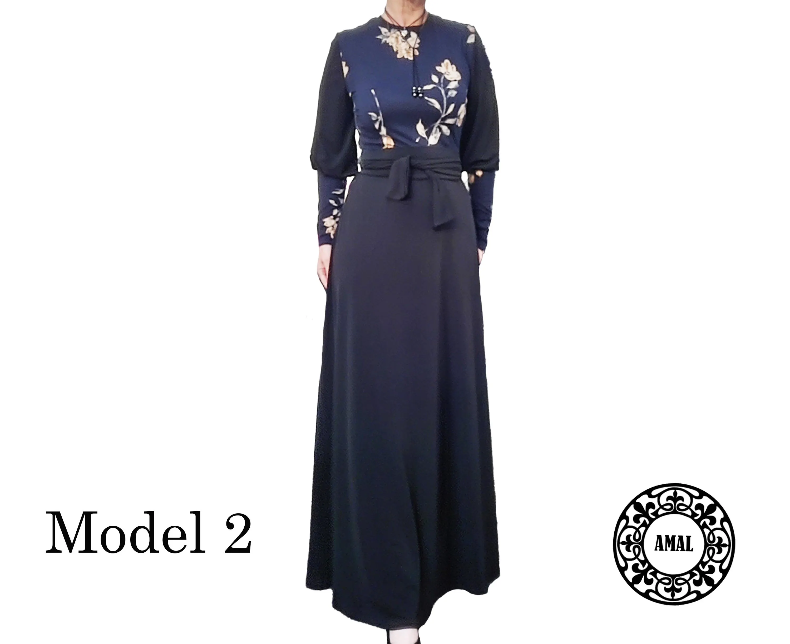AMAL MUSLIM. Elegant Long Dress with Floral Print, Polyester Maxi Dress, Modest Dress with Long Belt, Dark Navy / Black Options, Model 66 - image 2