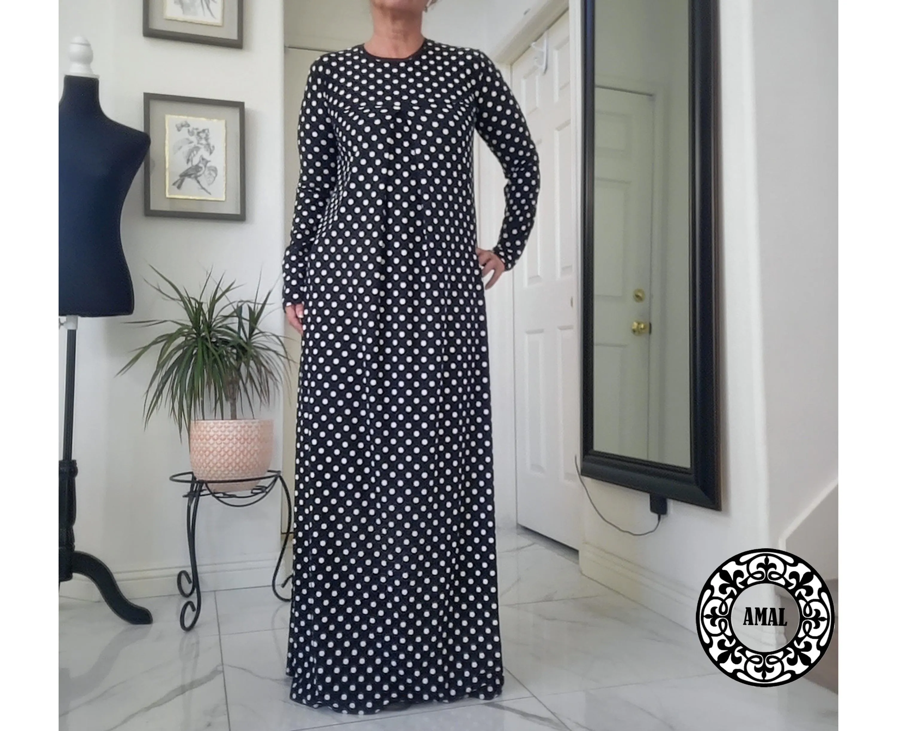 AMAL Muslim. Polka Dot ITY Maxi Dress • Modest Black Long Sleeve Dress • Muslim Abaya Style  USA. Model 07 - image 5
