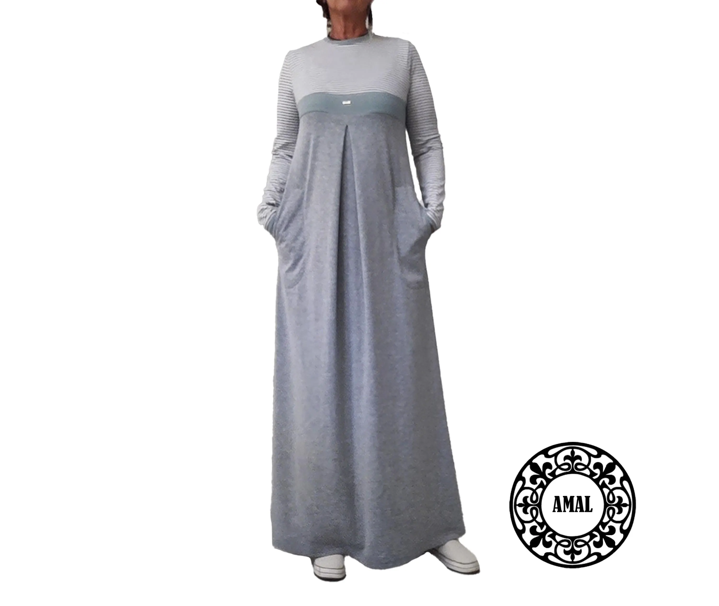 AMAL Muslim. Long-sleeved cotton-blend dress. The dress features a striped top and a modest A-line silhouette. USA. Model 70.1 - image 3