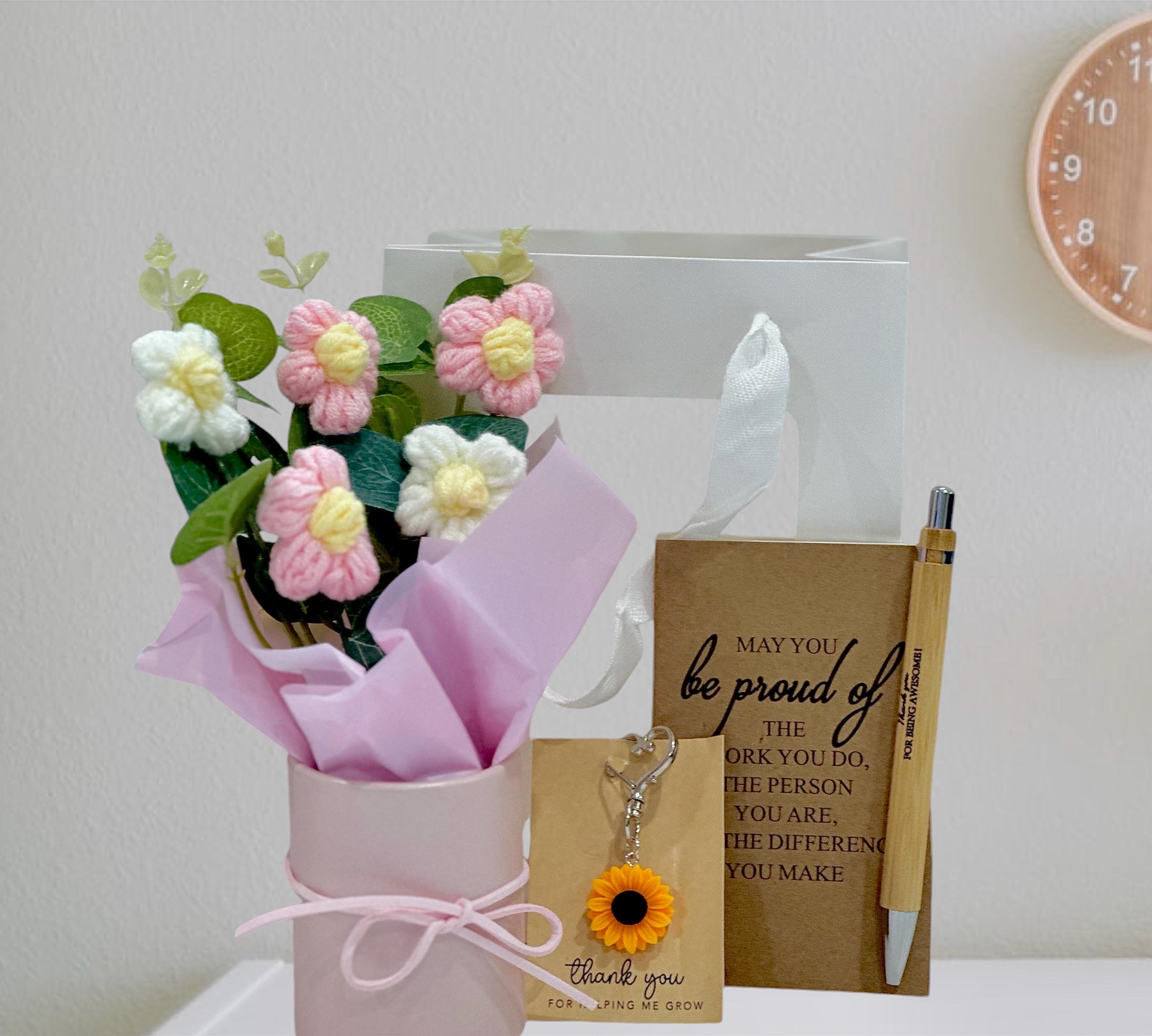 Personalized Teacher Gift Set - Embroidered Flowers in Pot, Notebook & Pen, Sunflower Keychain - Teacher Appreciation Gift , thank you gift