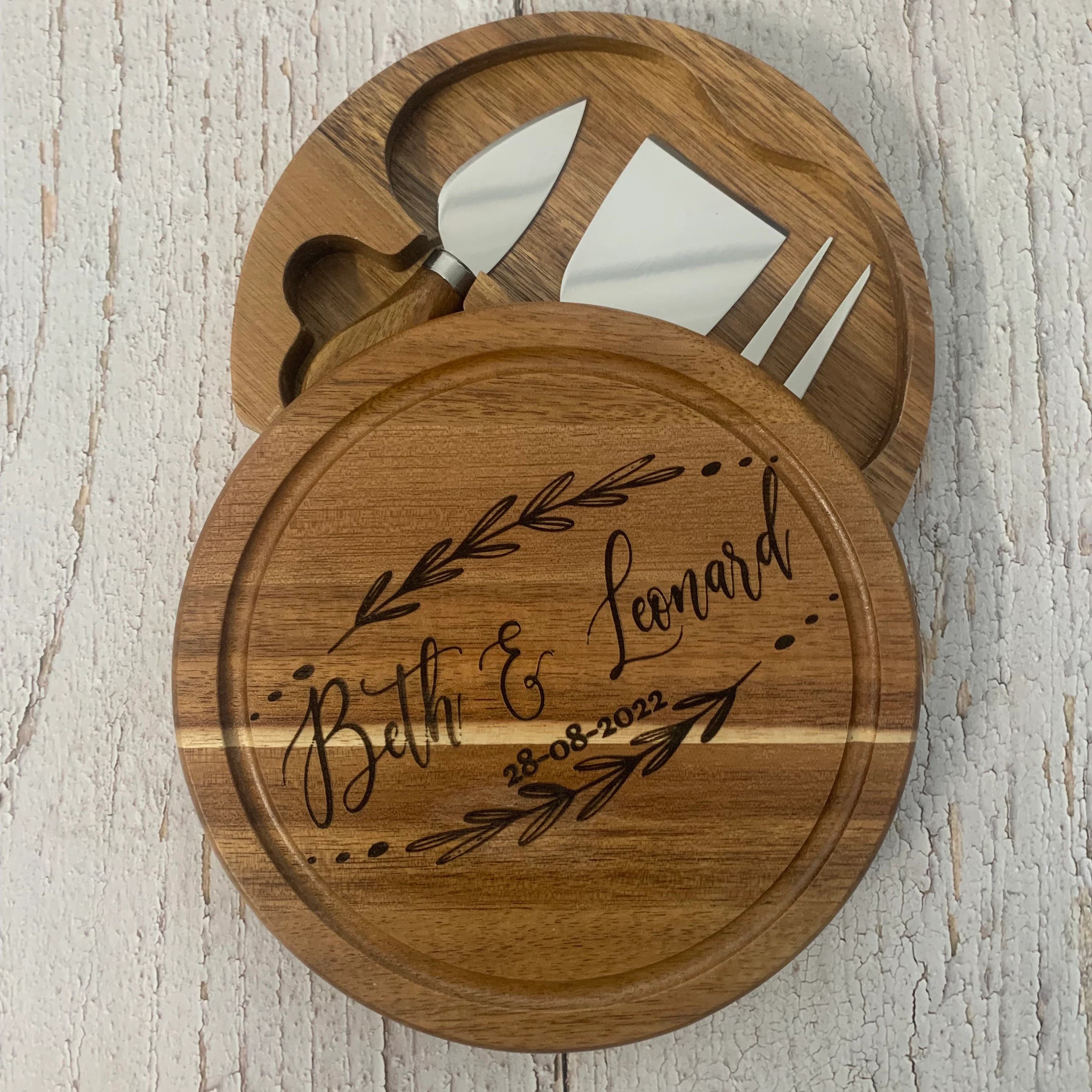 Engraved Acacia Wood Cheese Board with Knife Set, Personalized Gift