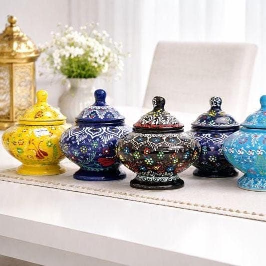 Hand-Painted Turkish Ceramic Sugar Bowl Set – Colorful Decorative Lidded Jars
