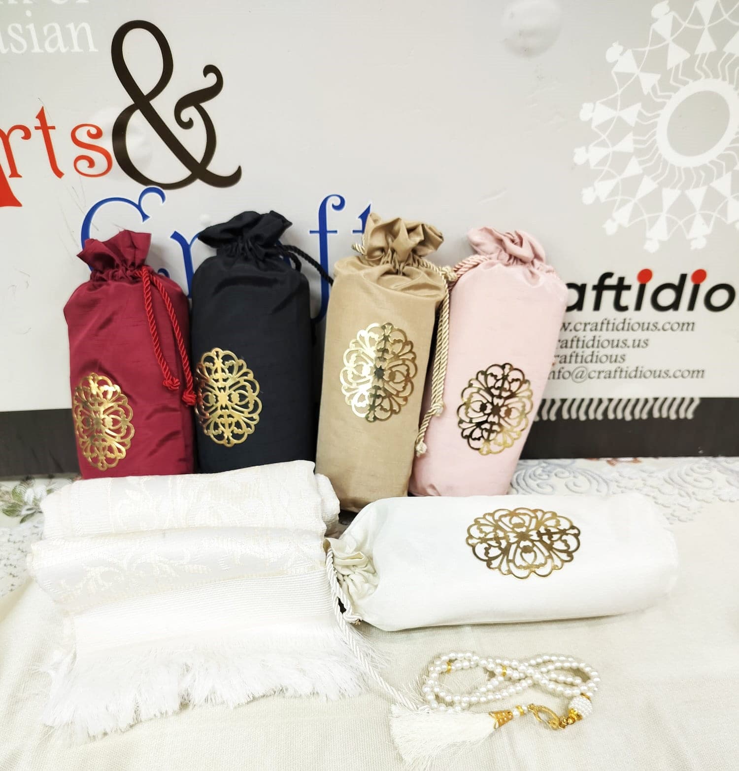 Prayer Mat with prayer beads in pouch