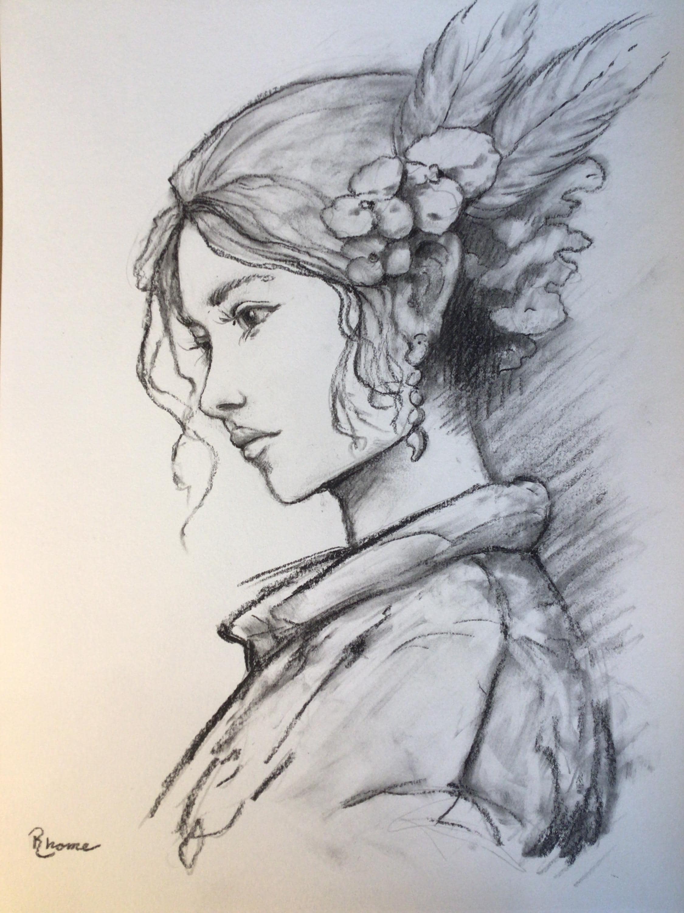Woman with Feathers in Her Hair, Charcoal Drawing by Rhome, 9 x 12, Original Art, Not a Print