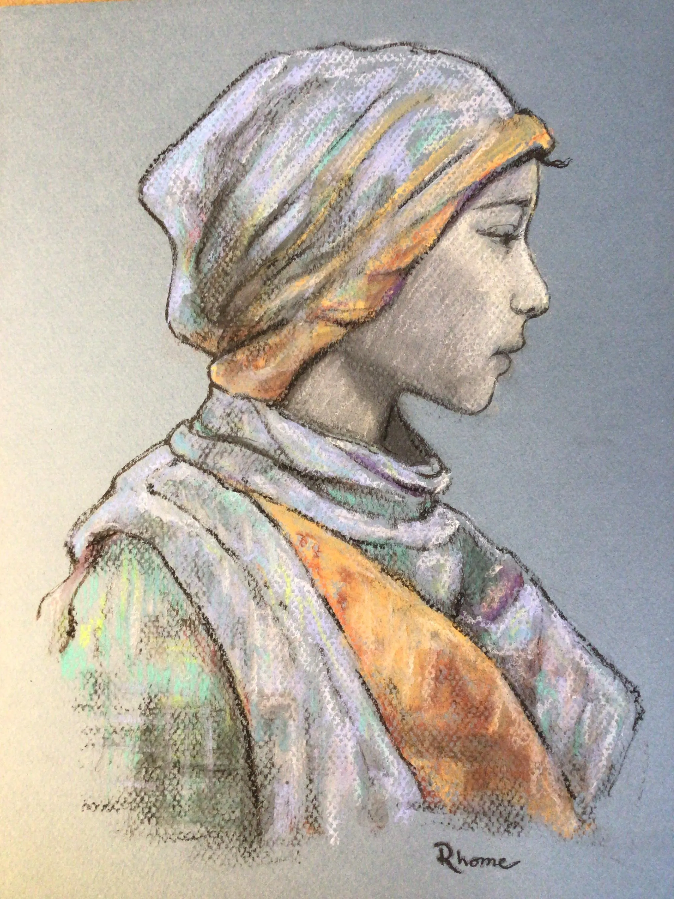 Profile Portrait of Muslim Girl, Colored Pastel and Charcoal Drawing by Rhome, 9 x 12, Original Art, Not a Print