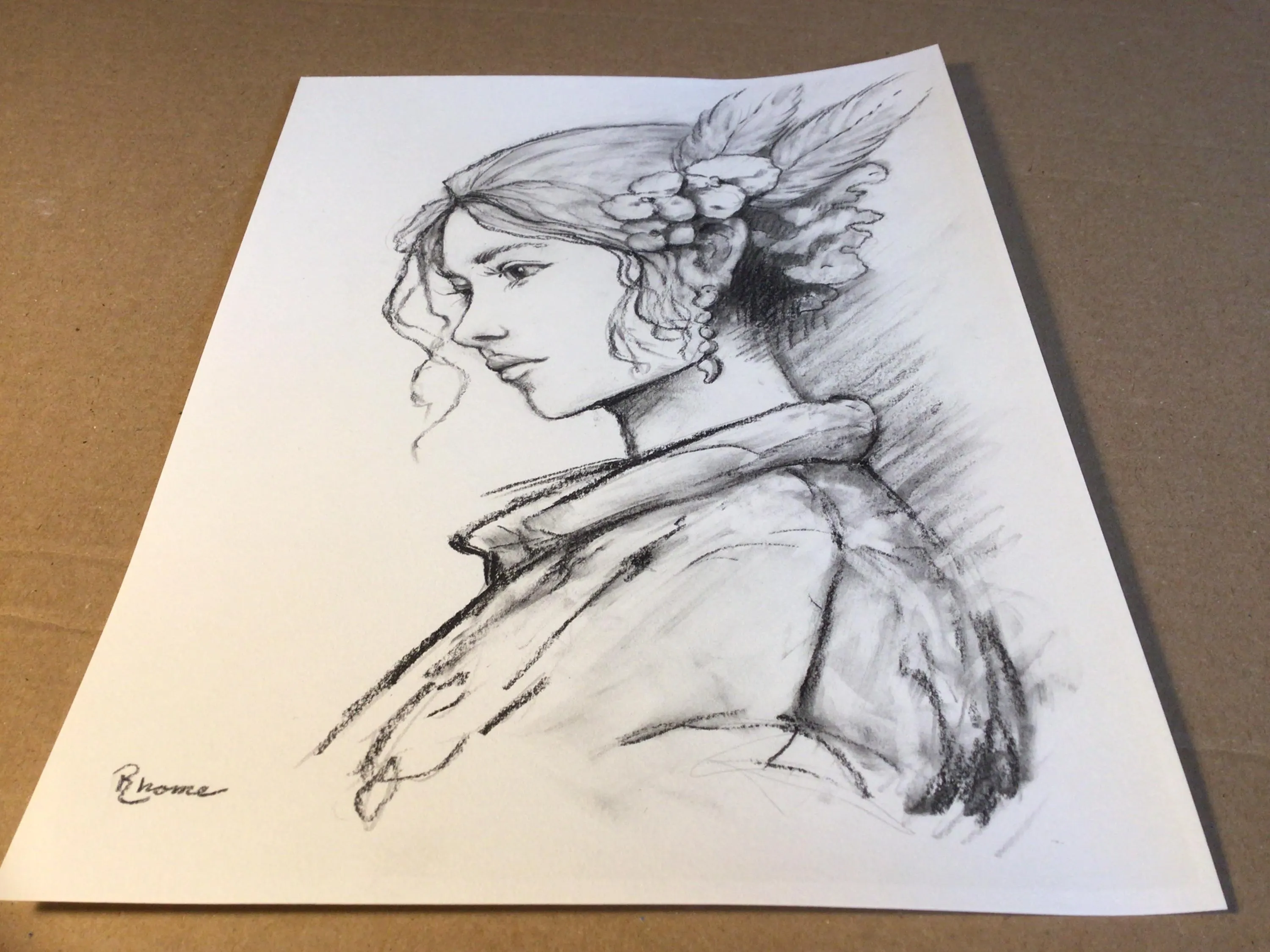 Woman with Feathers in Her Hair, Charcoal Drawing by Rhome, 9 x 12, Original Art, Not a Print - image 4