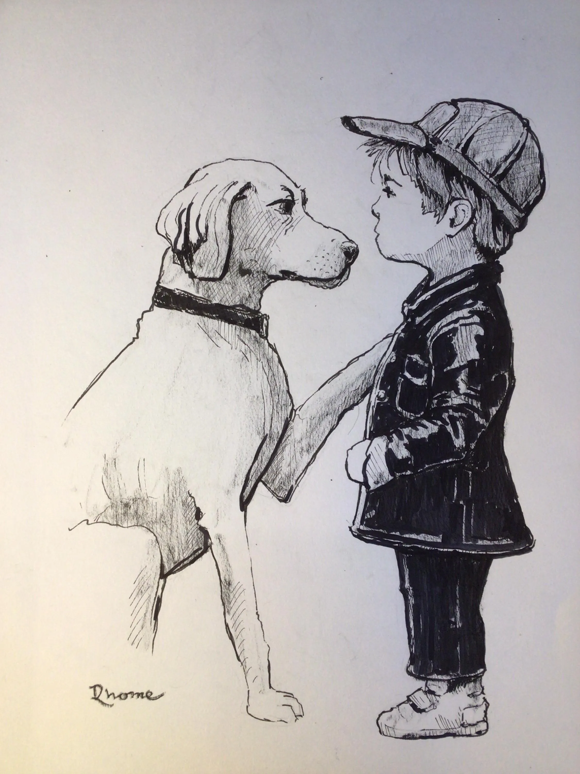A Boy and His Dog, Ink Drawing by Rhome, 9 x 12, Original Art, Not a Print