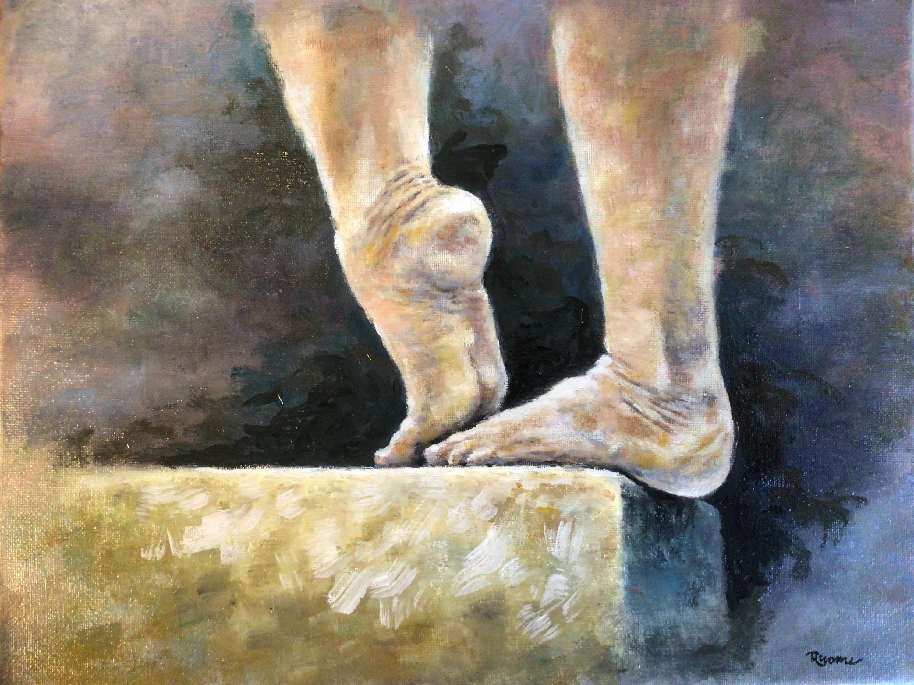 Gymnast’s Feet on the Balance Beam, Oil Painting by Rhome, 11 x 14, Original Art, Not a Print