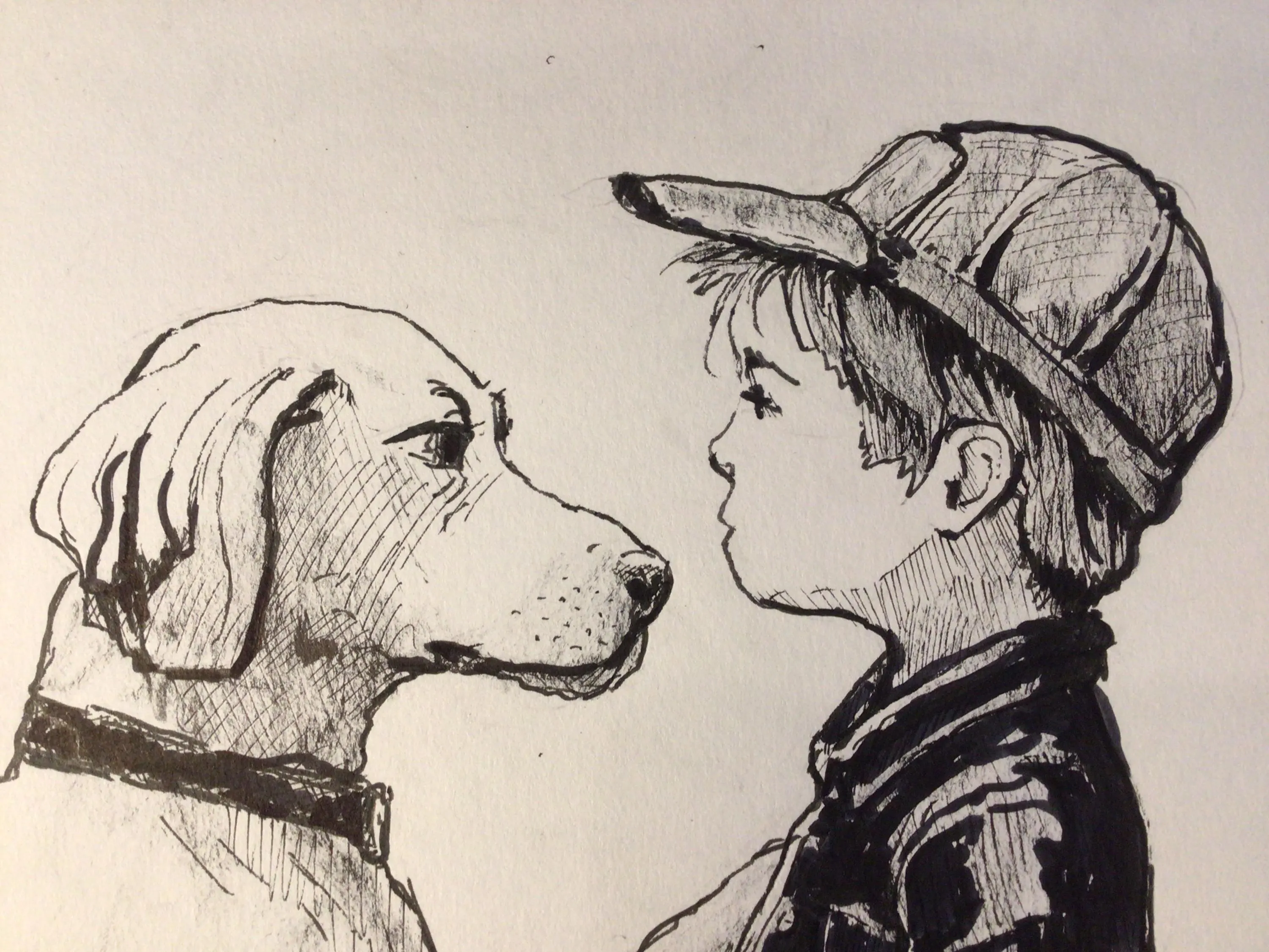 A Boy and His Dog, Ink Drawing by Rhome, 9 x 12, Original Art, Not a Print - image 5