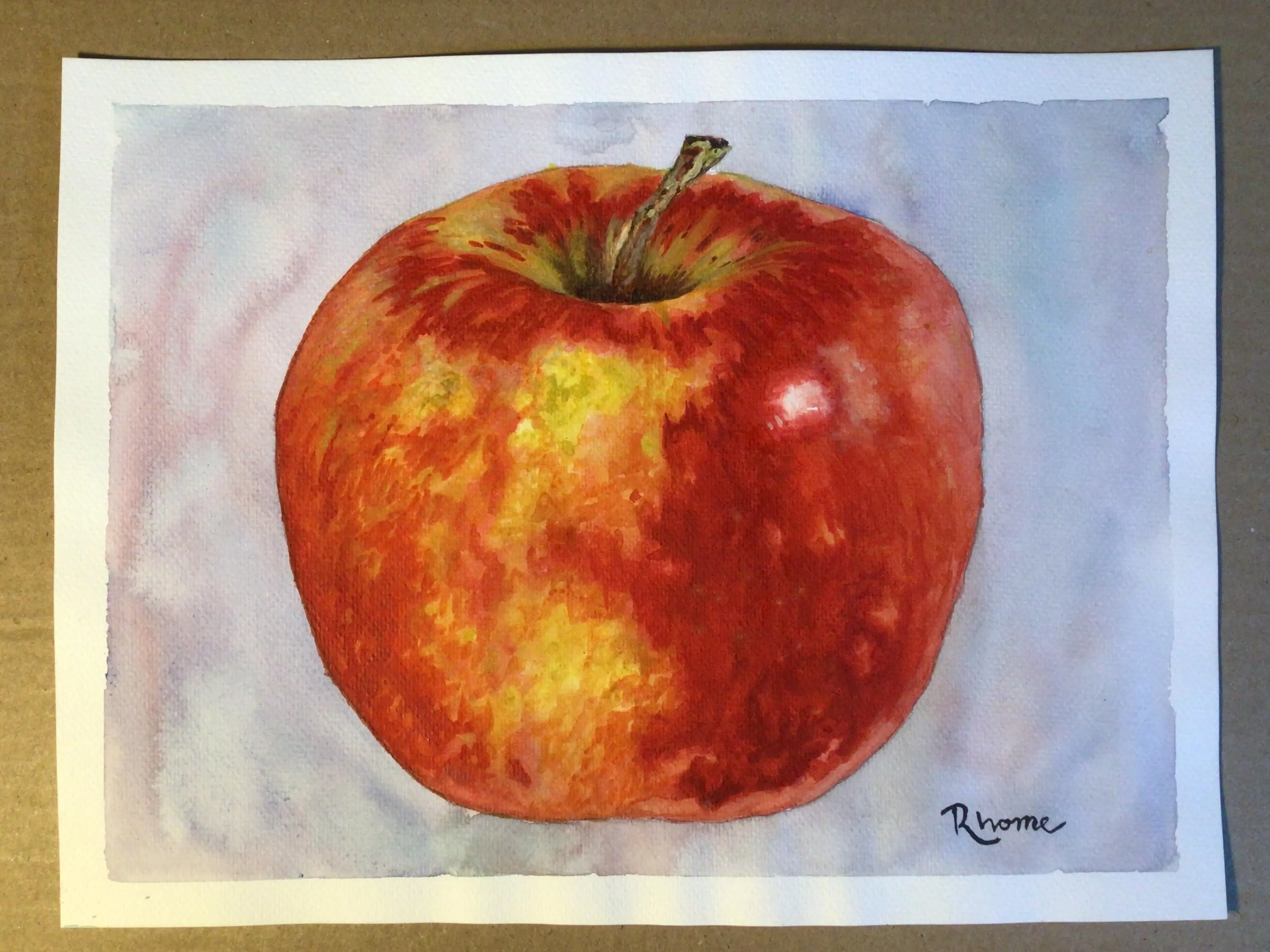 Deep Red and Gold Mottled Apple, Watercolor Painting by Rhome, 9 x 12, Original Art, Not a Print - image 3