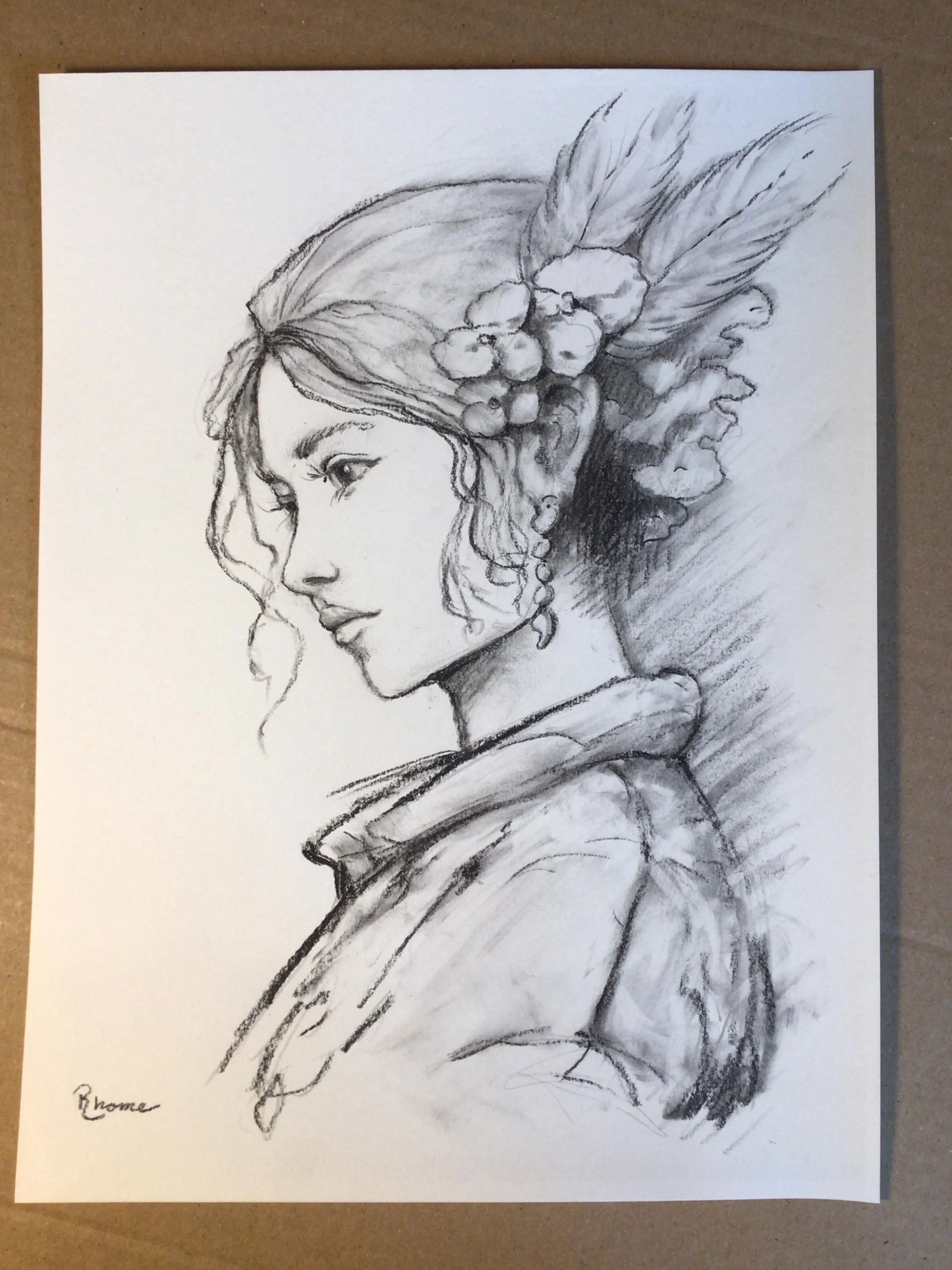 Woman with Feathers in Her Hair, Charcoal Drawing by Rhome, 9 x 12, Original Art, Not a Print - image 3