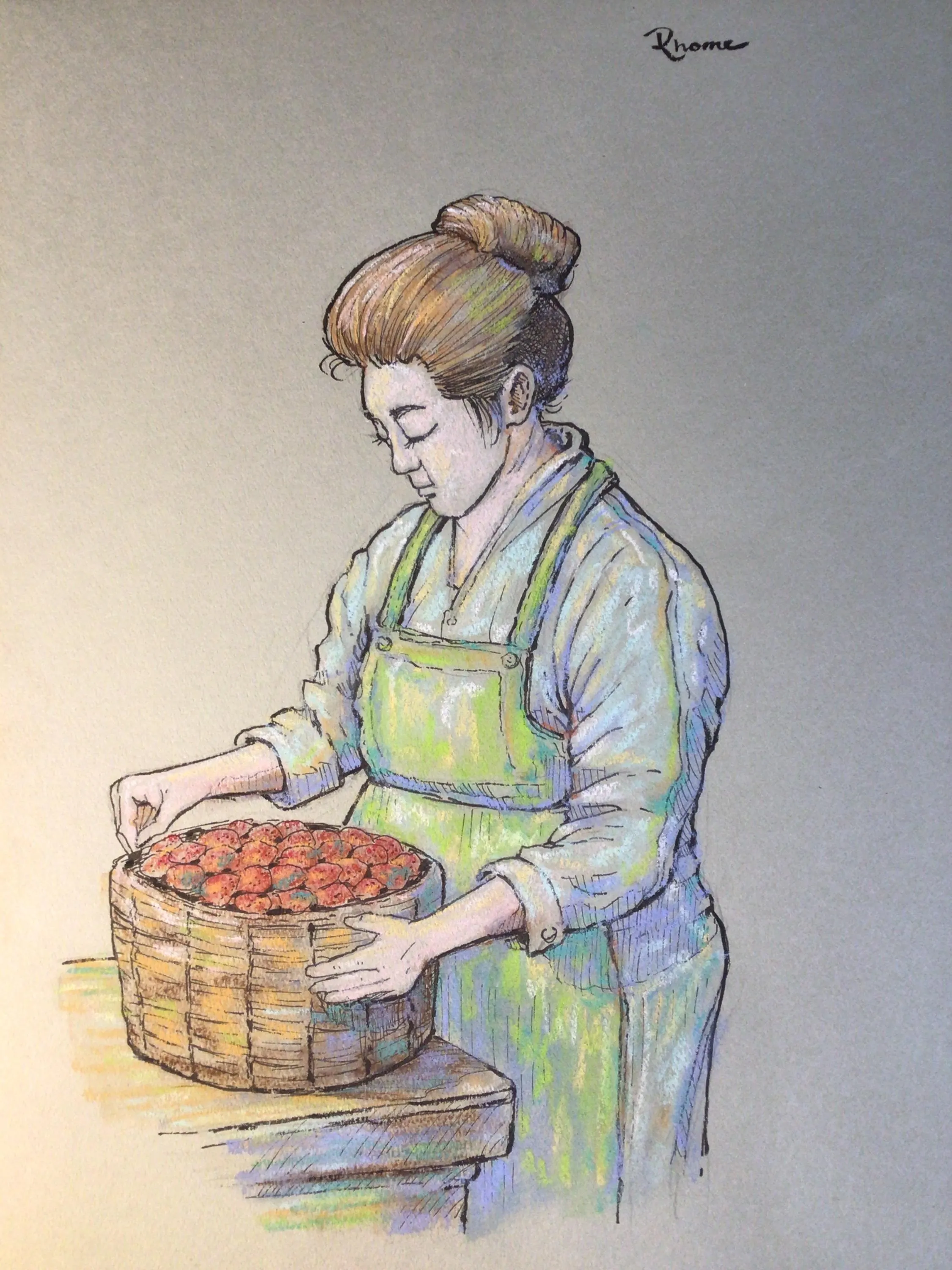 Granny with Strawberries, Pastel Drawing by Rhome, 9 x 12, Original Art, Not a Print