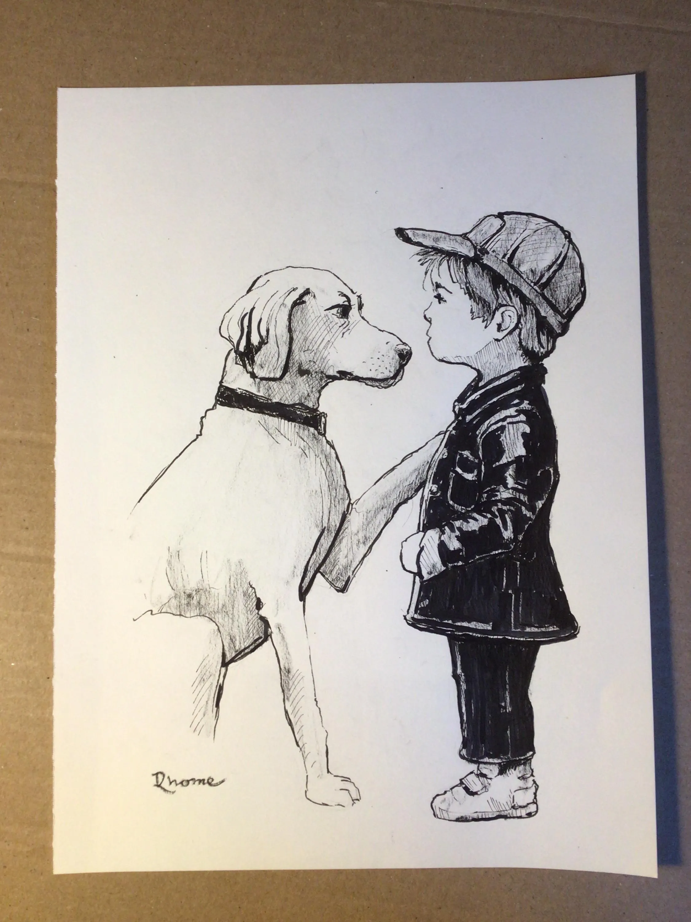 A Boy and His Dog, Ink Drawing by Rhome, 9 x 12, Original Art, Not a Print - image 3