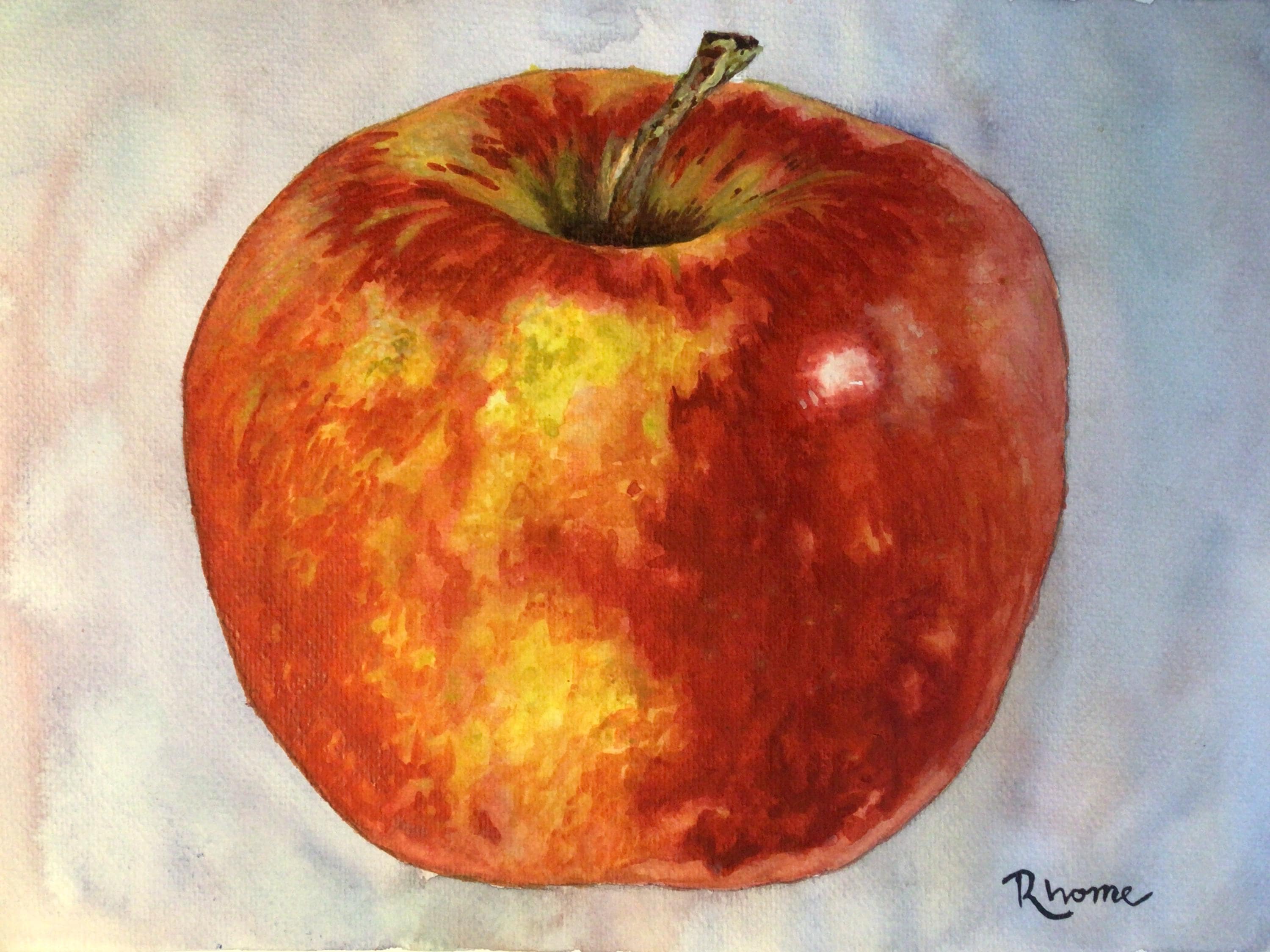 Deep Red and Gold Mottled Apple, Watercolor Painting by Rhome, 9 x 12, Original Art, Not a Print