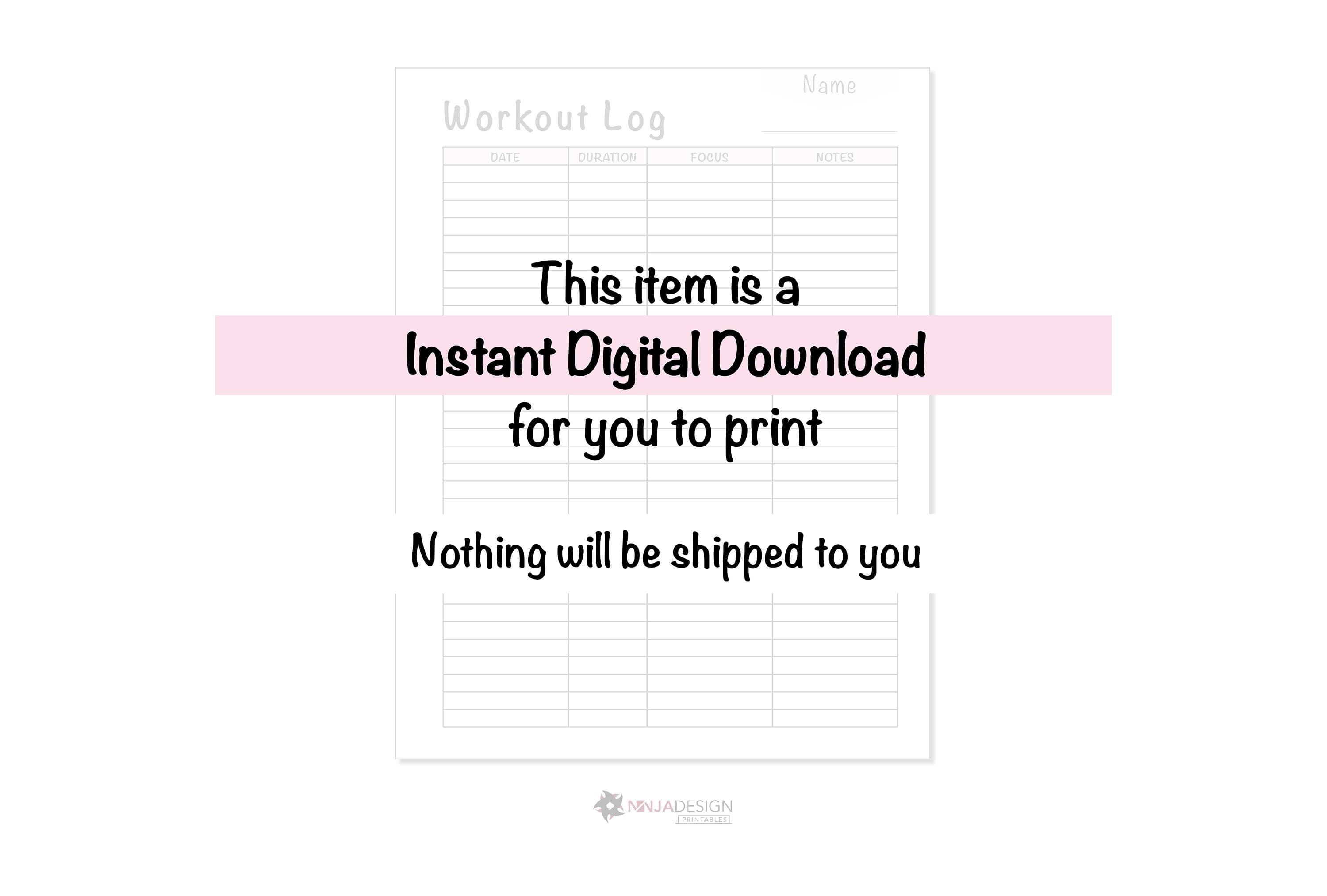 Workout log printable Instant Digital Download