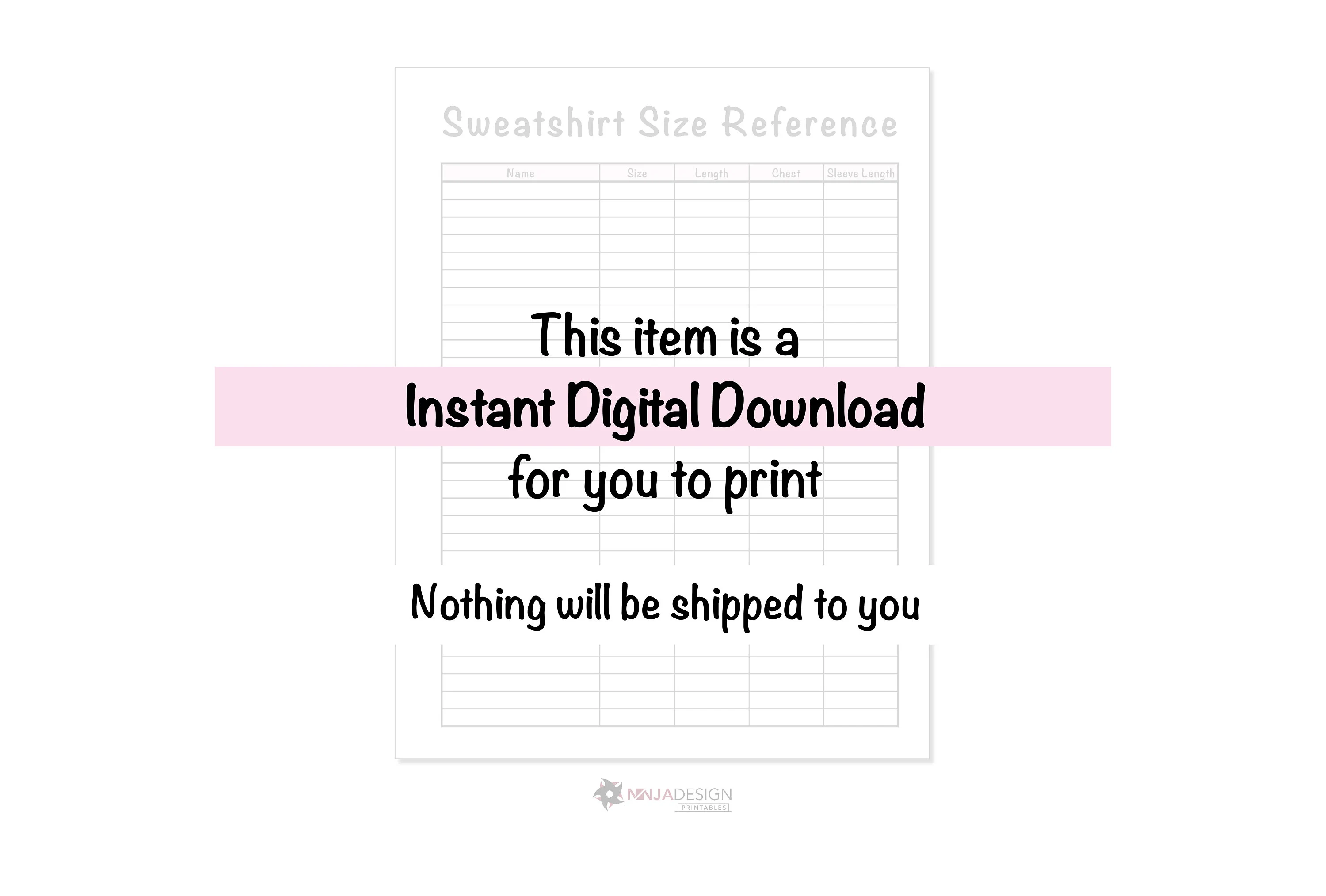 Sweatshirt Size Reference Chart Tracker Printable Instant Digital Download