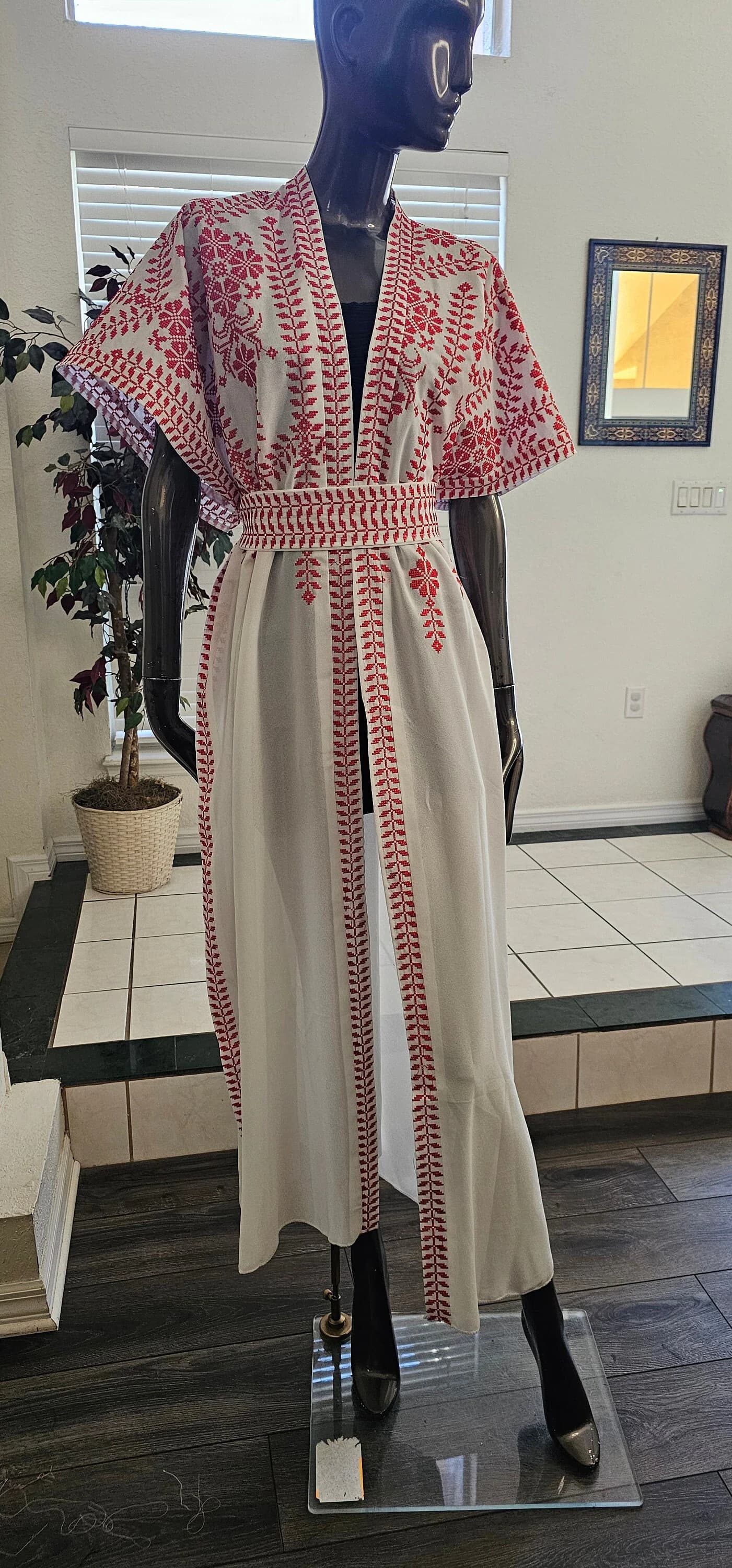 Traditional modern Palestinian Jordanian white Embroidered Tatreez Abaya Bisht Kaftan Thobe with red embroidery & an Embroidered belt