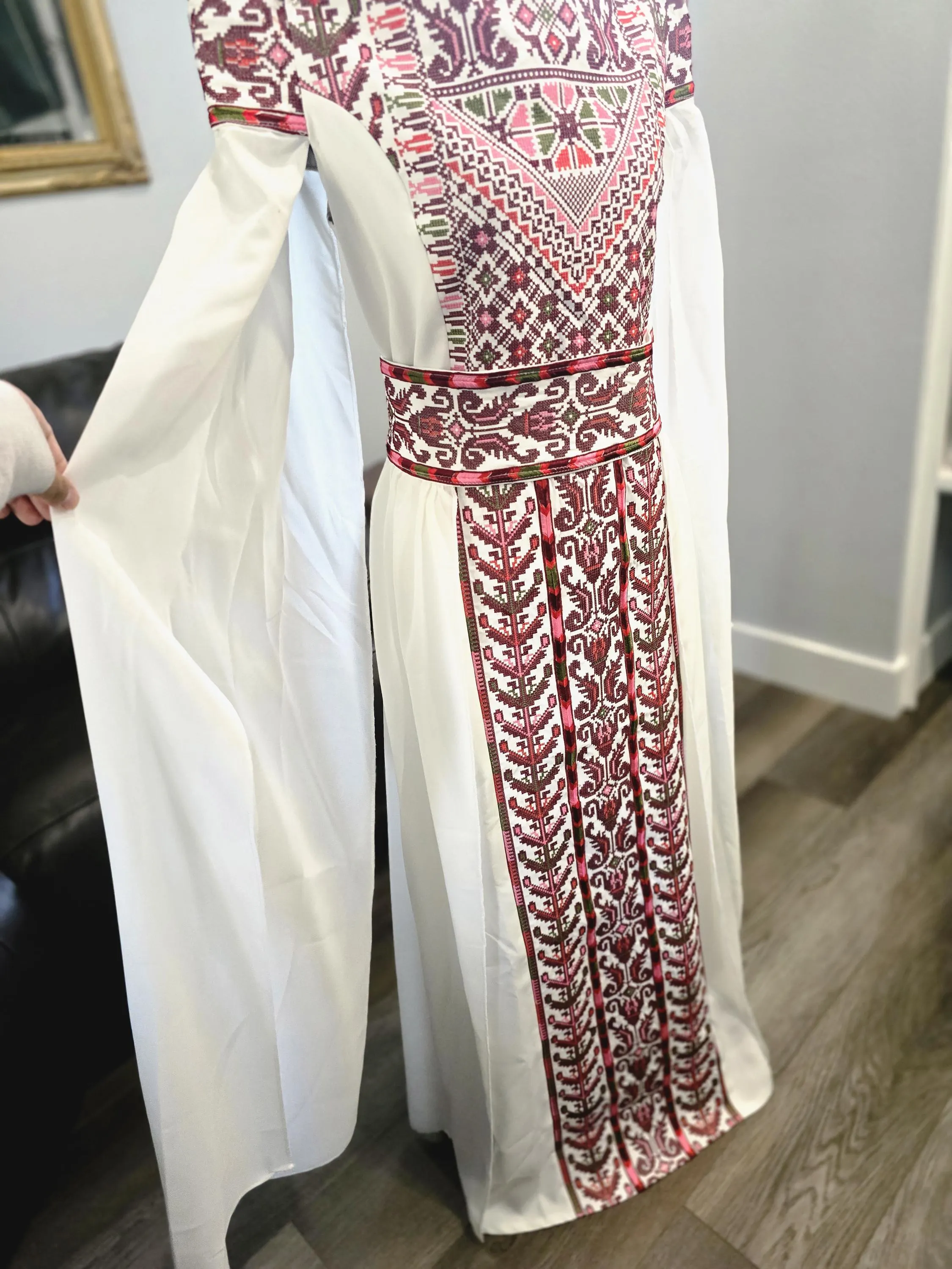 White embroidered off-shoulder Gown Dress thobe with Burgundy embroidery Tatreez & embroidered belt - image 4
