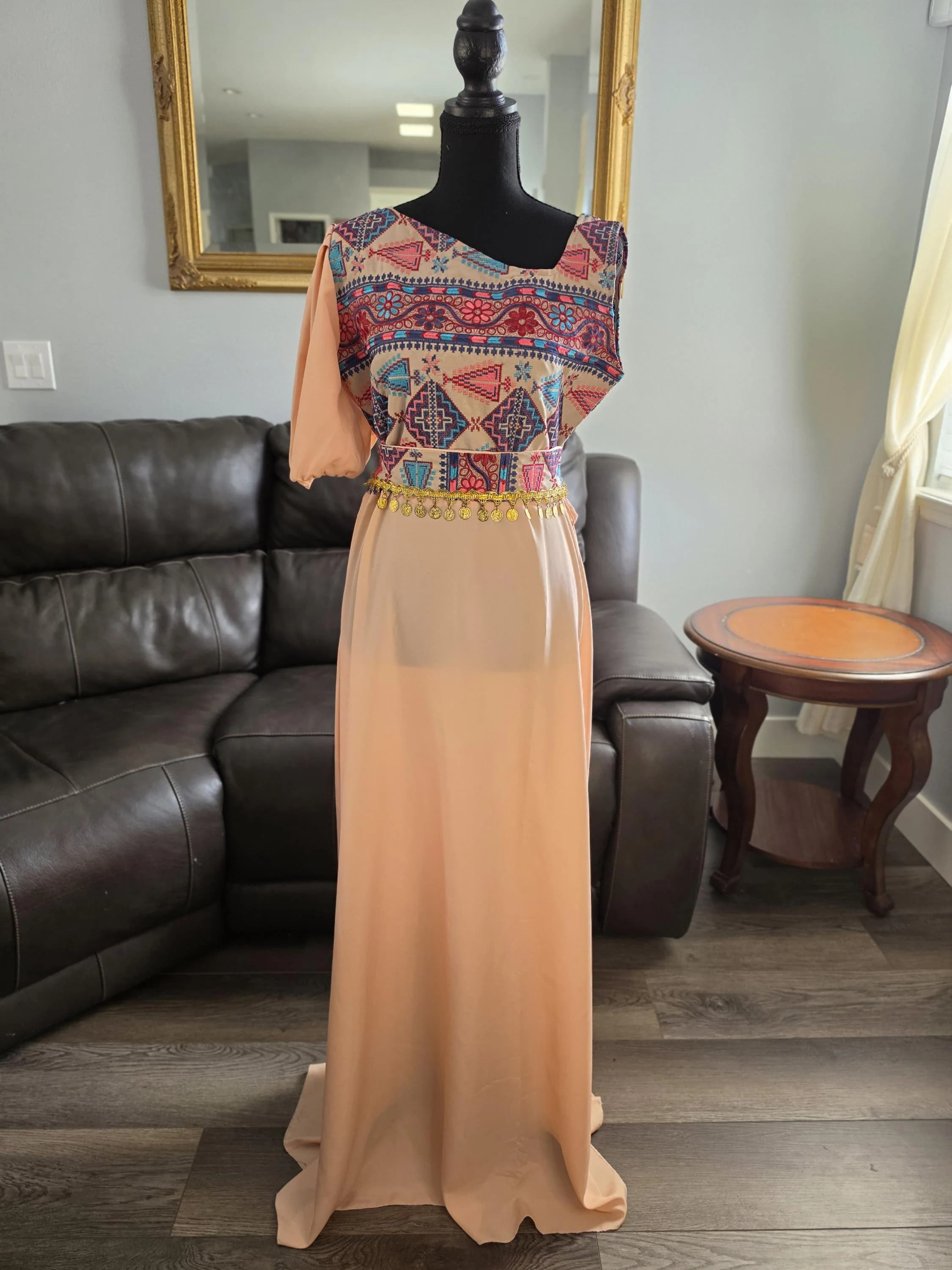 Modern One-Shoulder Tatreez Maxi Dress with Gold Coins Peach Chiffon Jordanian Palestinian Embroidered Gown