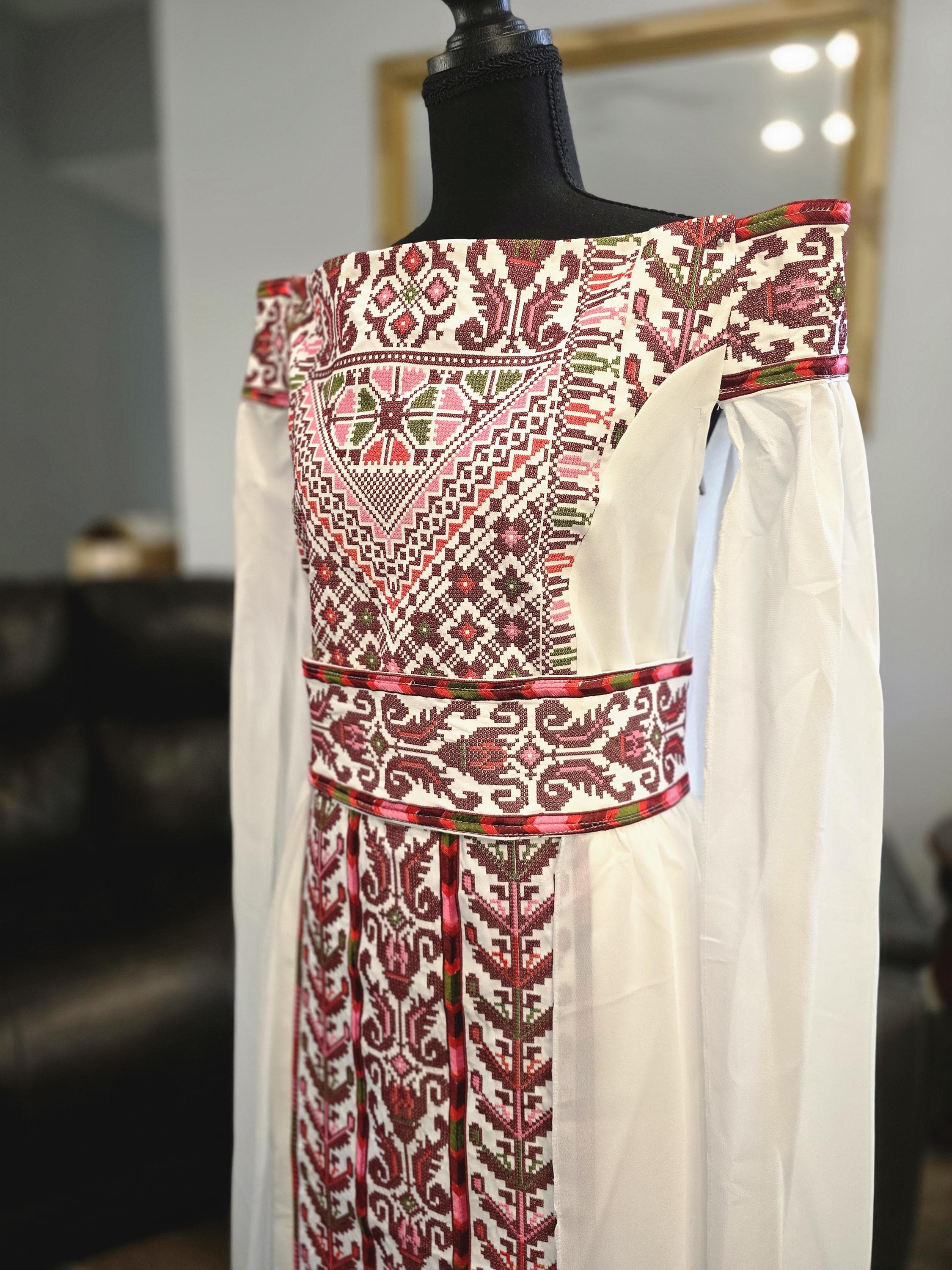 White embroidered off-shoulder Gown Dress thobe with Burgundy embroidery Tatreez & embroidered belt - image 5