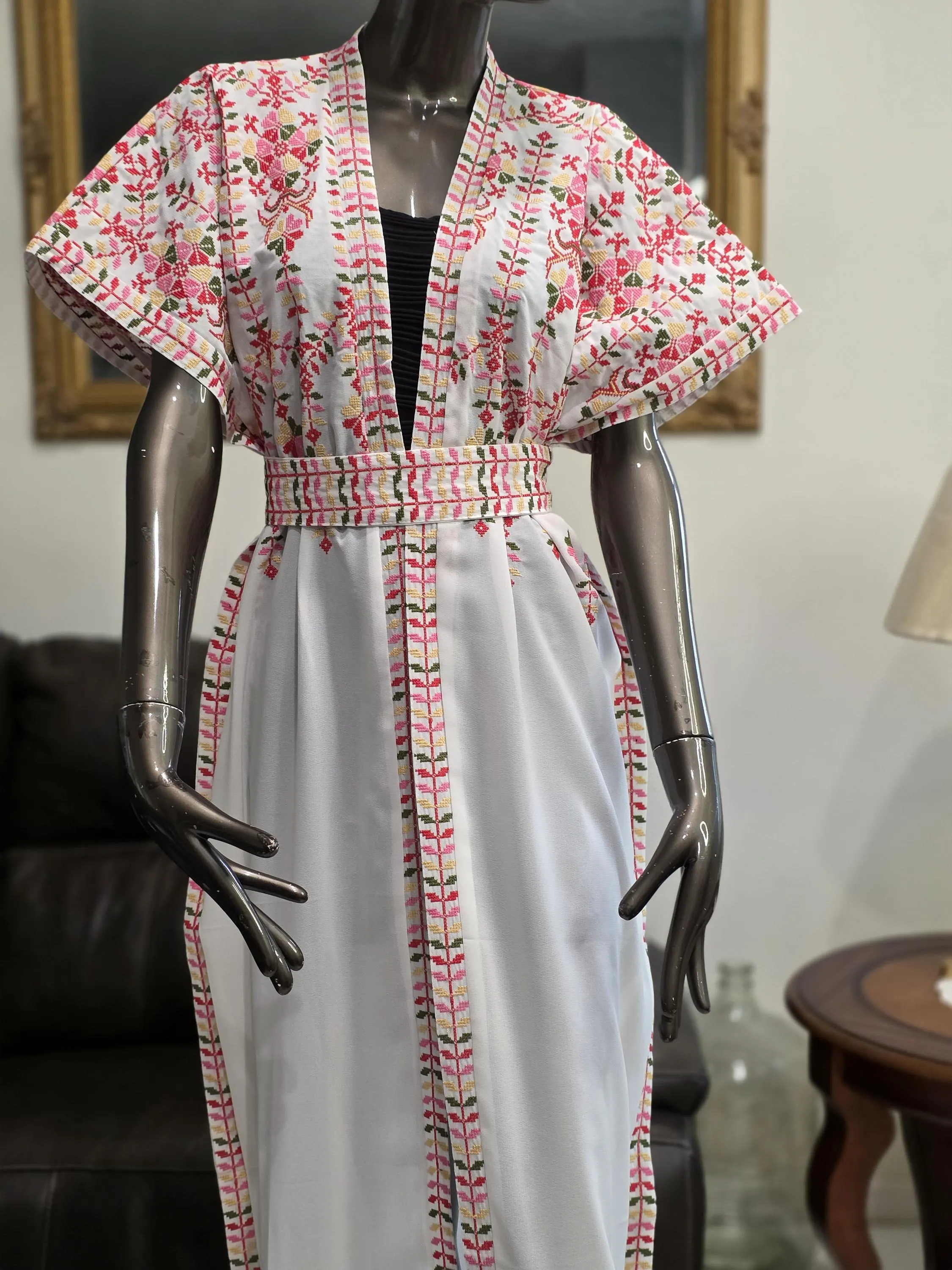 Embroidered White Chiffon Abaya, Tatreez Kaftan with Belt - image 4