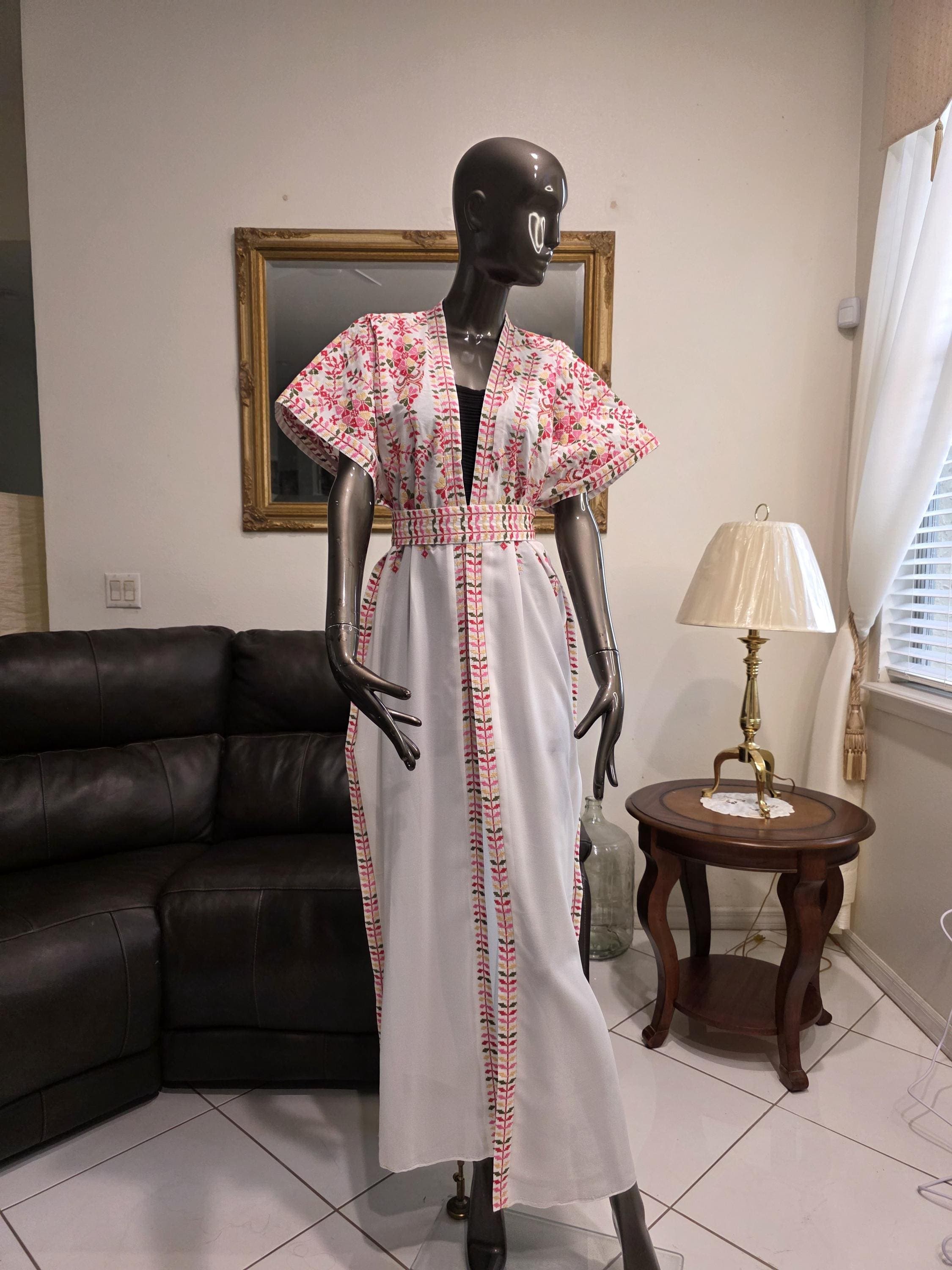 Embroidered White Chiffon Abaya, Tatreez Kaftan with Belt