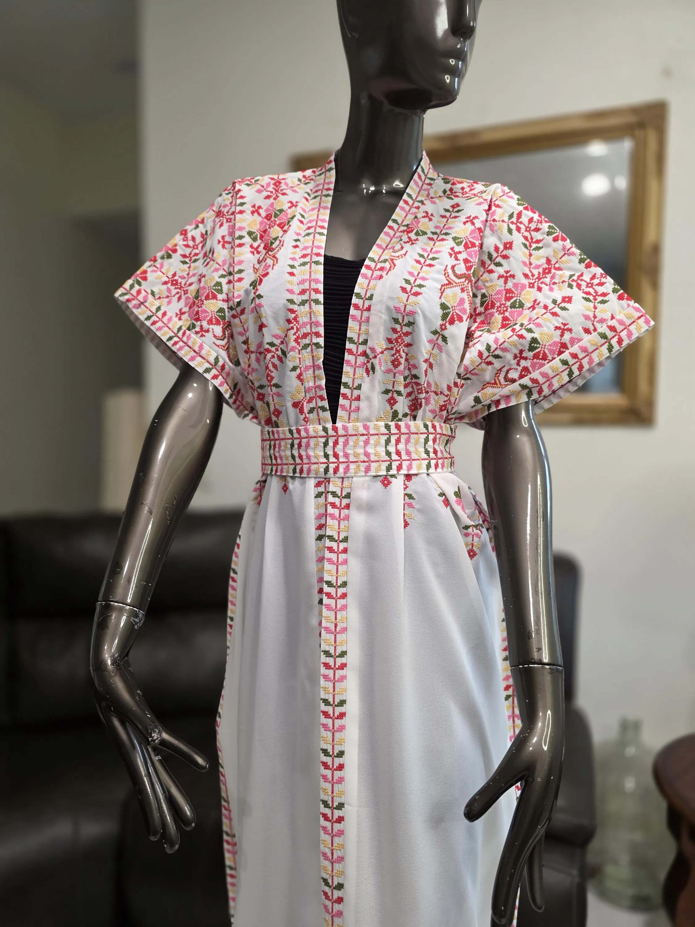 Embroidered White Chiffon Abaya, Tatreez Kaftan with Belt - image 5