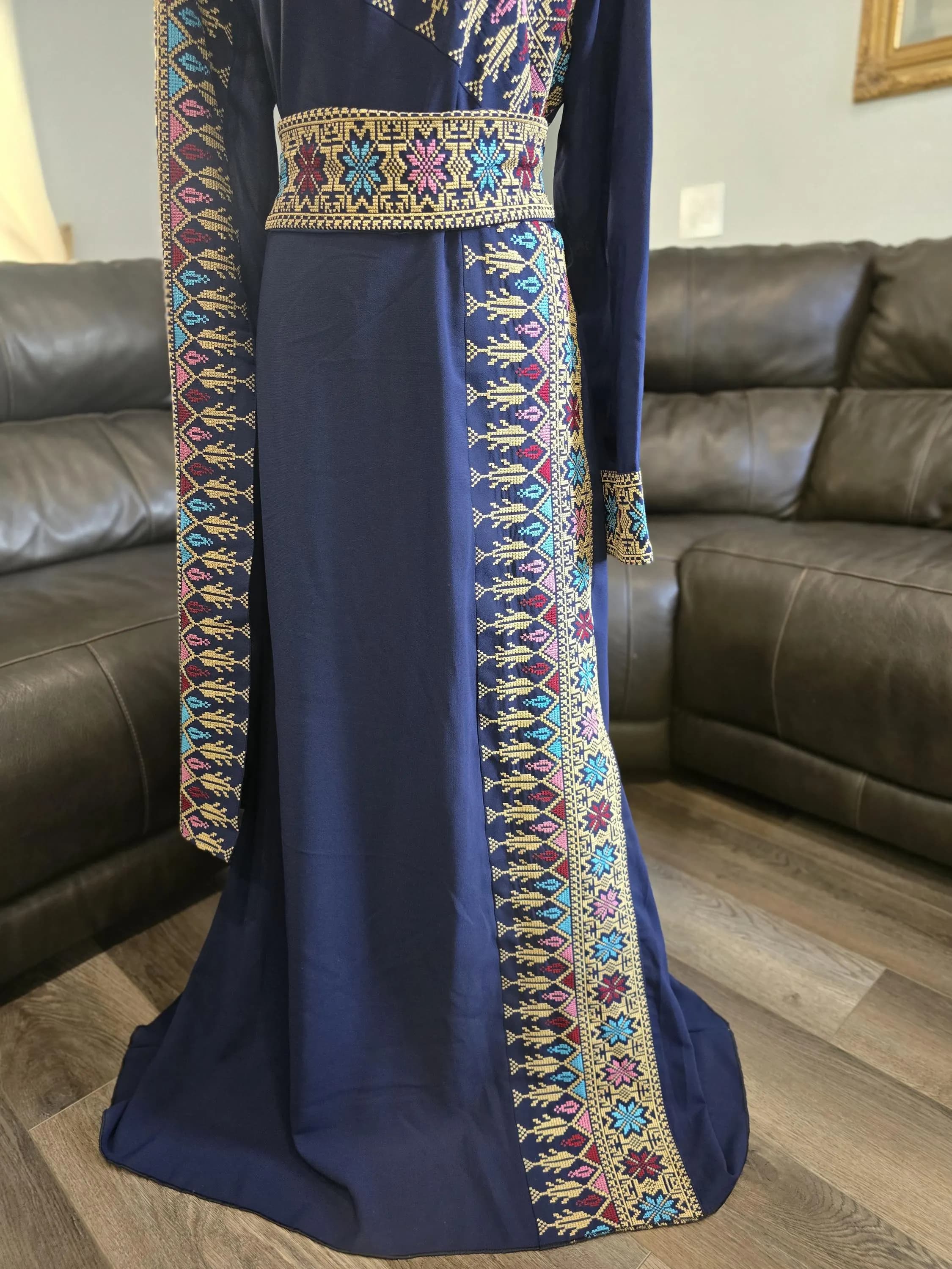 Navy Blue embroidered Dress thobe with Gold embroidery Tatreez & embroidered belt - image 5