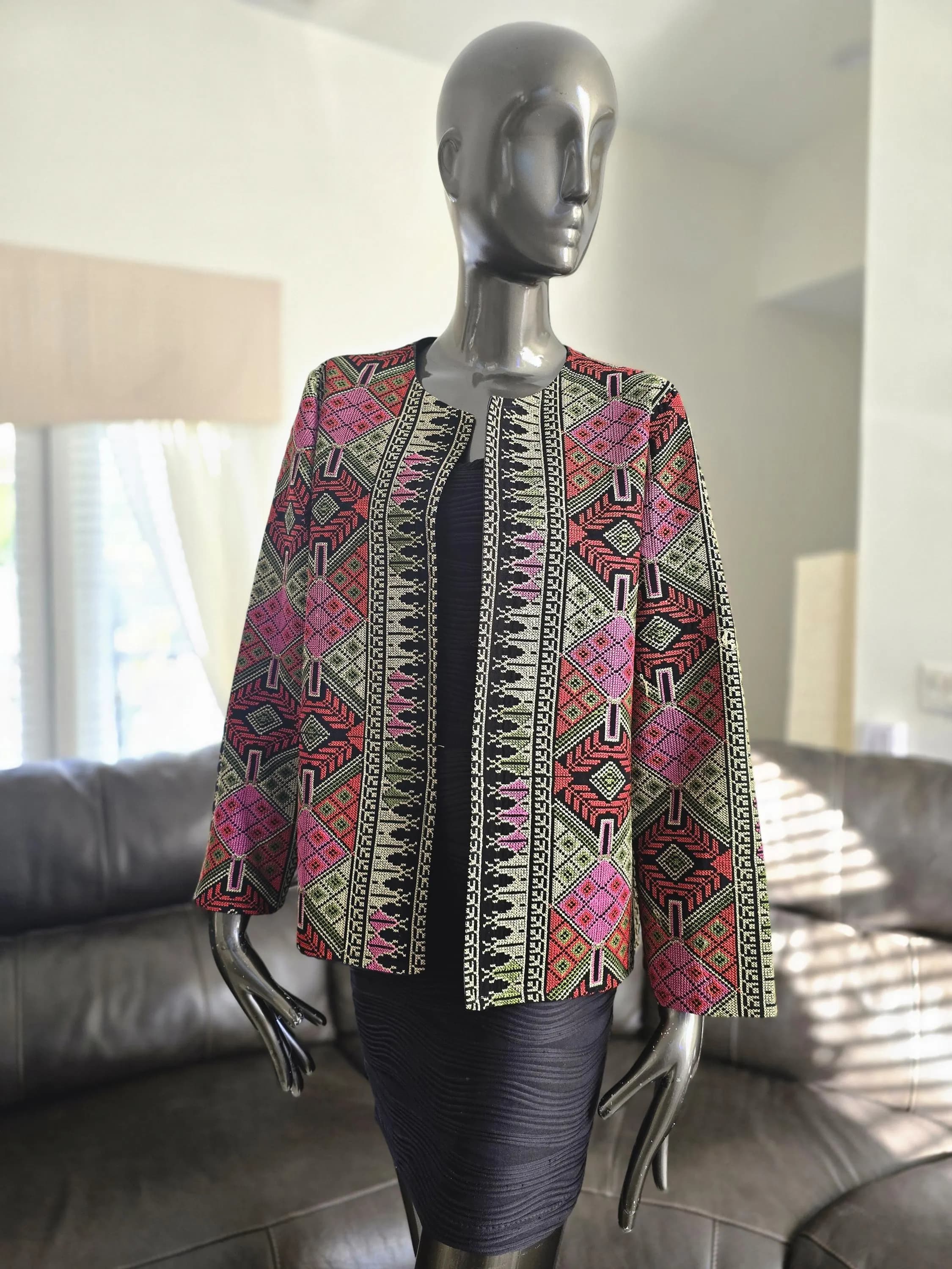 Full Embroidered Palestinian Jordanian Jacket with Gold, Red and Pink Tatreez from font, Back & sleeves Size 3/ Medium
