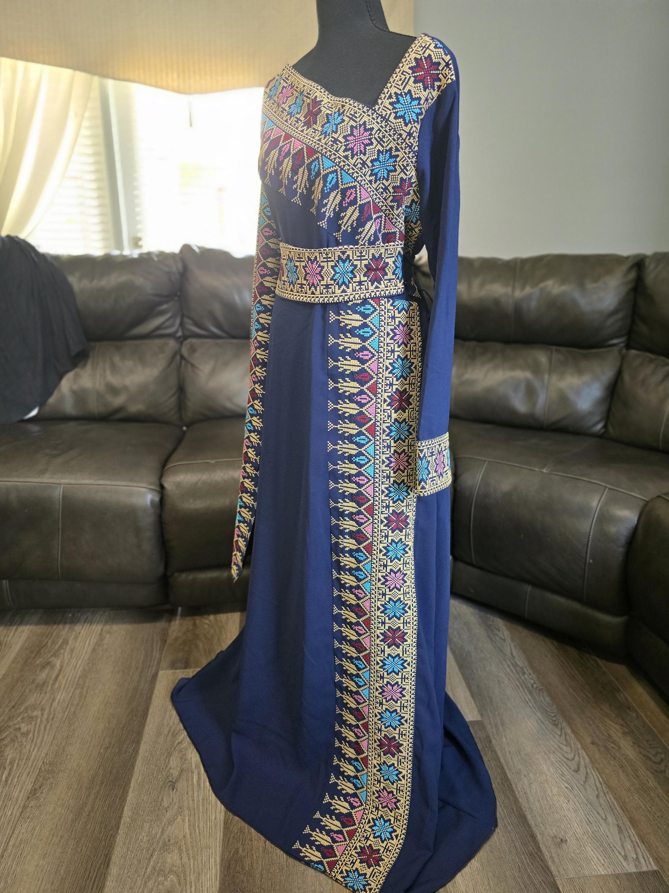 Navy Blue embroidered Dress thobe with Gold embroidery Tatreez & embroidered belt - image 4