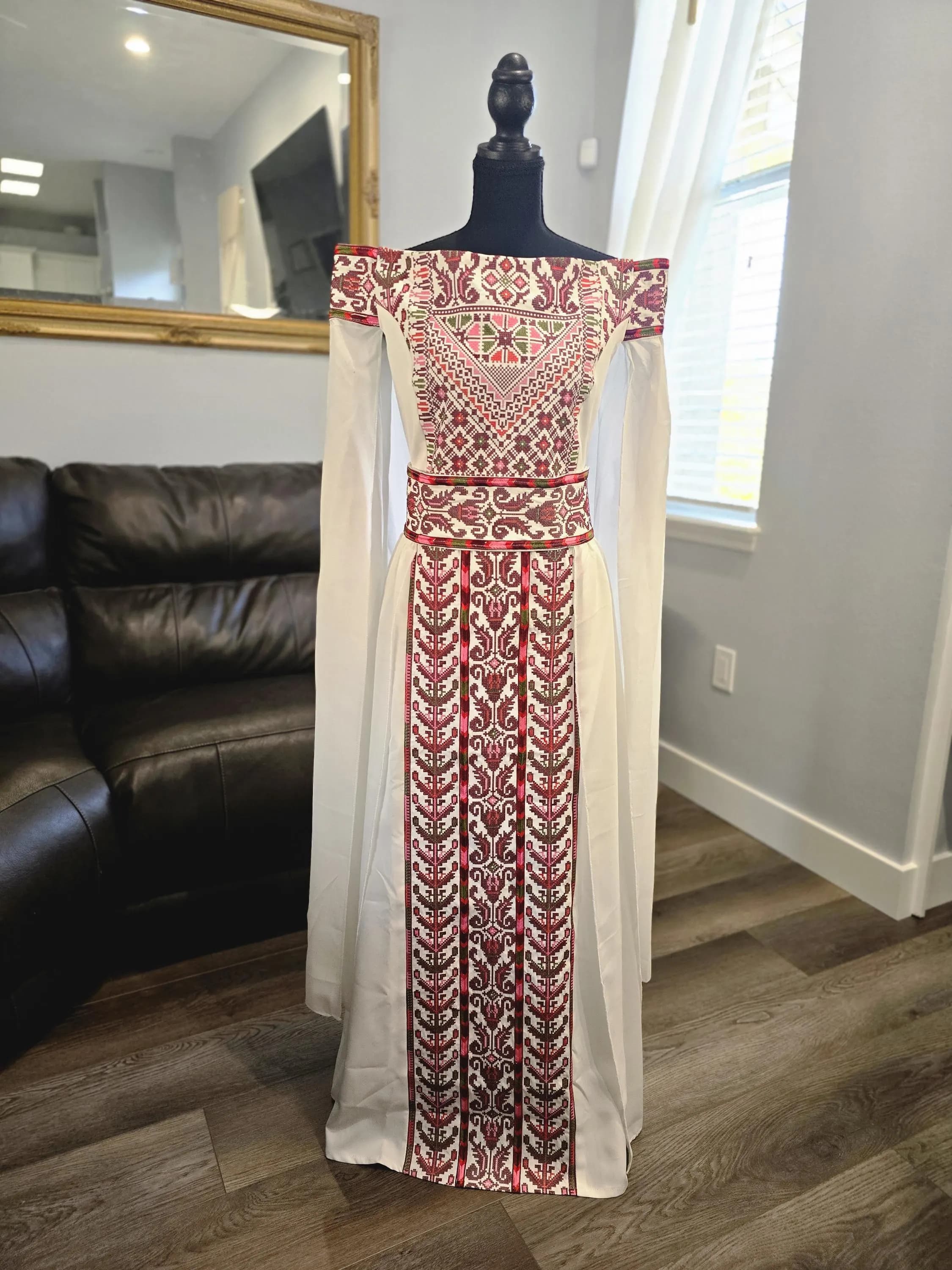 White embroidered off-shoulder Gown Dress thobe with Burgundy embroidery Tatreez & embroidered belt