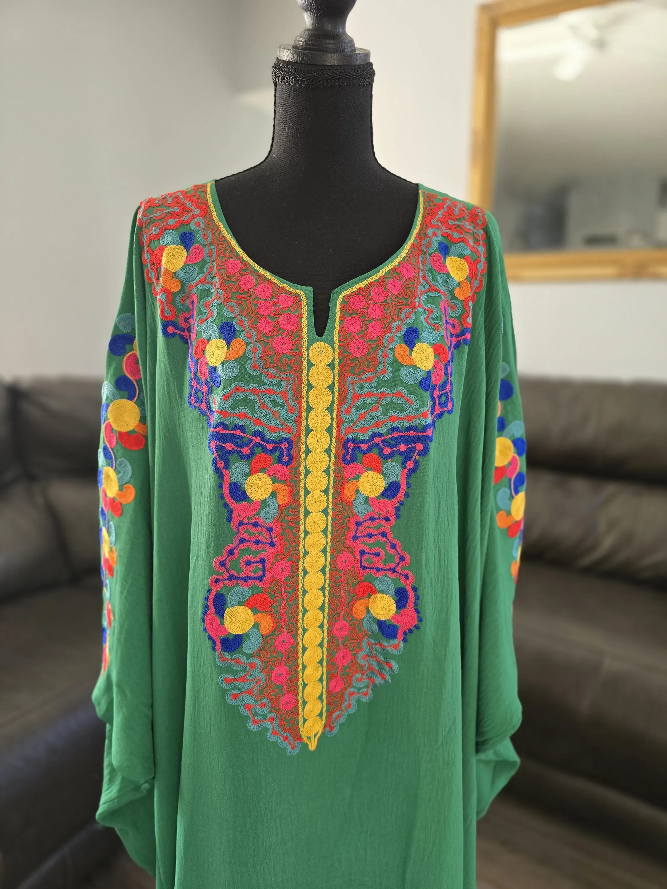 Green Georgette Tatreez Thobe Palestinian Abaya with Colorful embroidery Tatreez - image 5