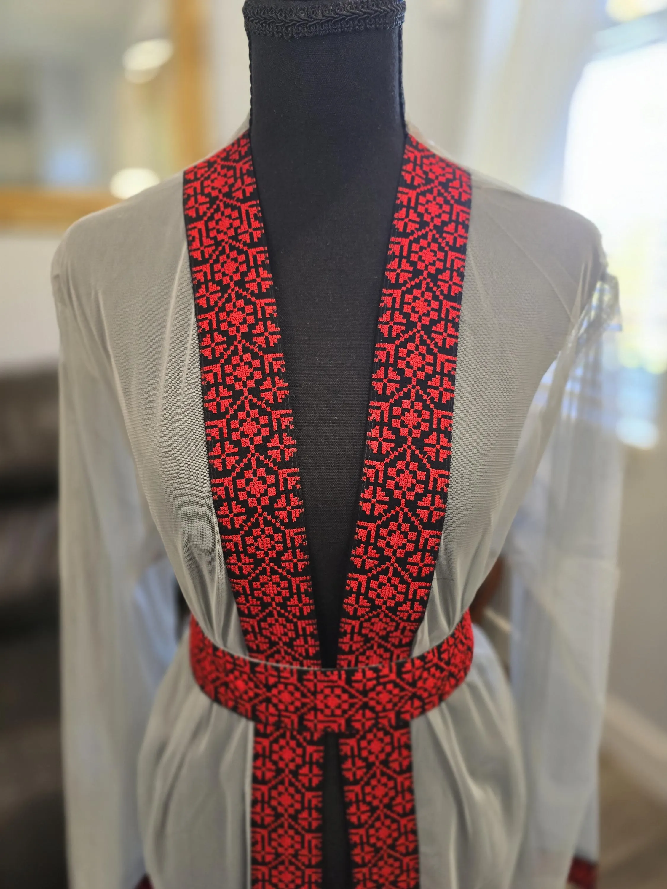 Gray Chiffon Abaya, Kaftan, Thobe with Red Embroidery/Tatreez Palestinian Jordanian & belt - image 5