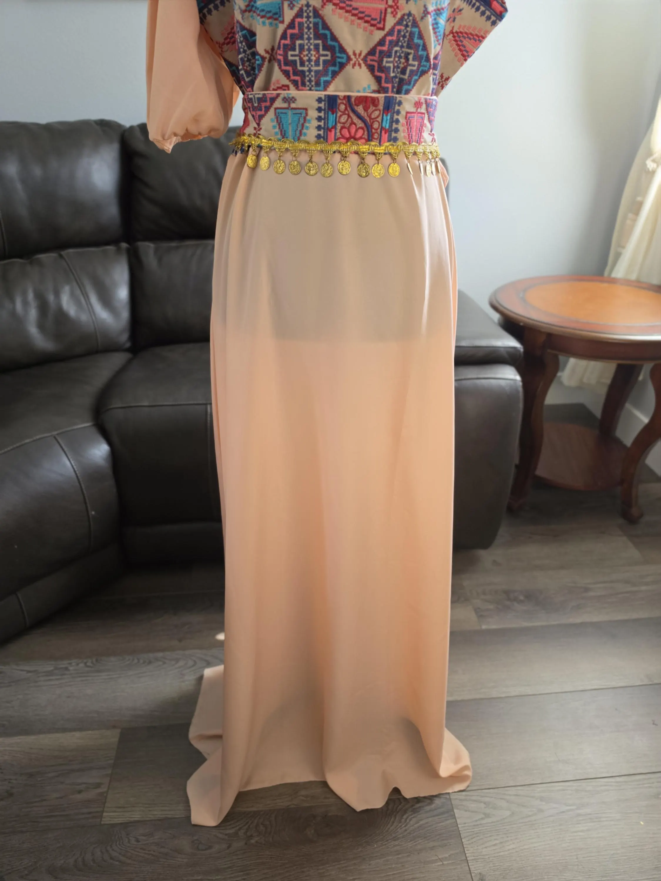Modern One-Shoulder Tatreez Maxi Dress with Gold Coins Peach Chiffon Jordanian Palestinian Embroidered Gown - image 4