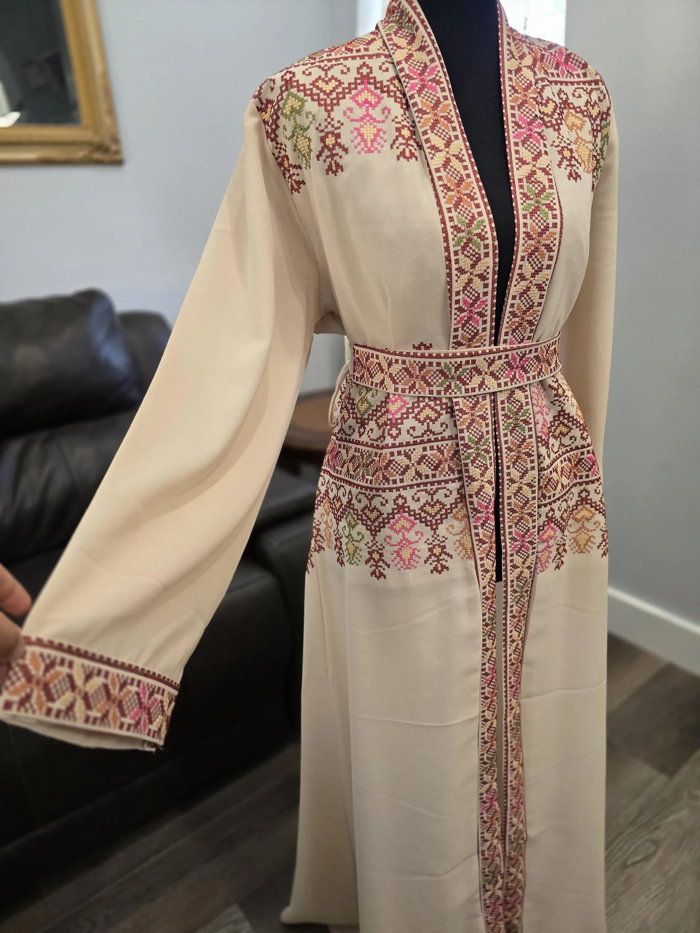Beige and Brown Embroidered Chiffon Abaya, Palestinian Tatreez Thobe Kaftan with Belt - image 4