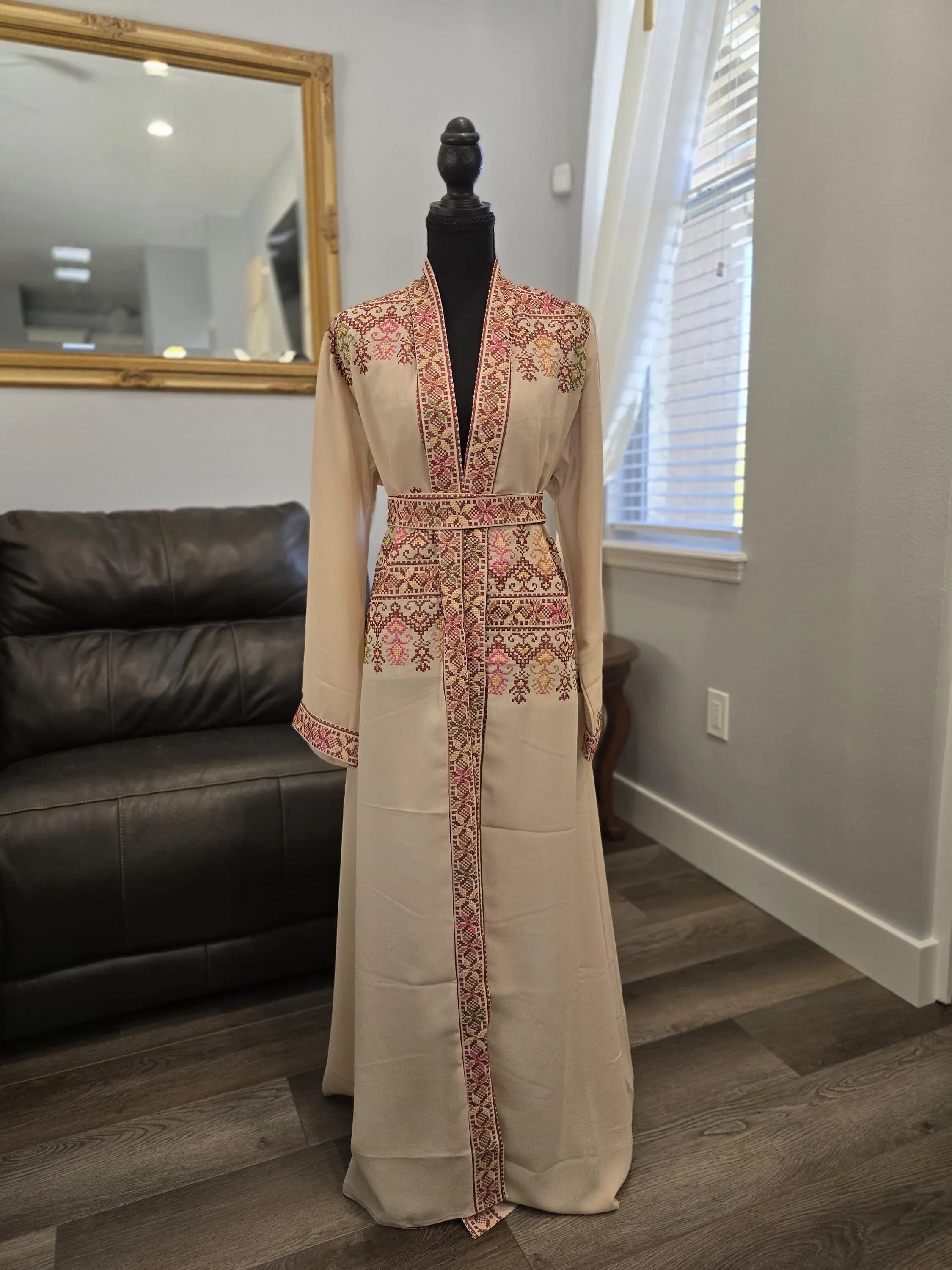 Beige and Brown Embroidered Chiffon Abaya, Palestinian Tatreez Thobe Kaftan with Belt