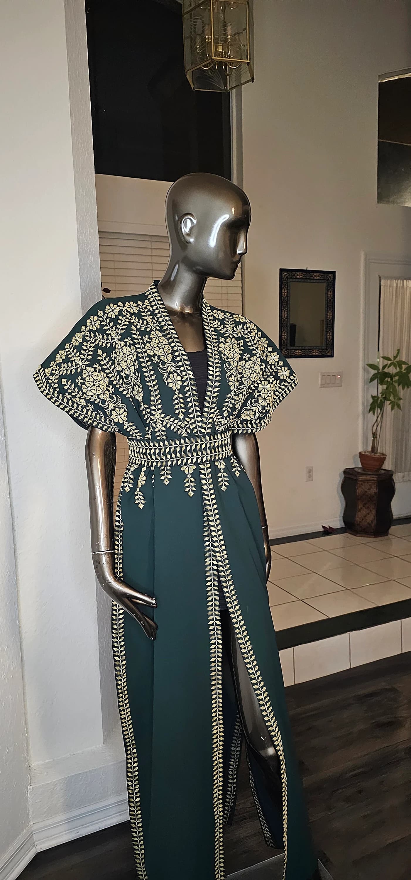Green Embroidered Abaya: Palestinian Tatreez Kaftan Dress with Belt - image 2