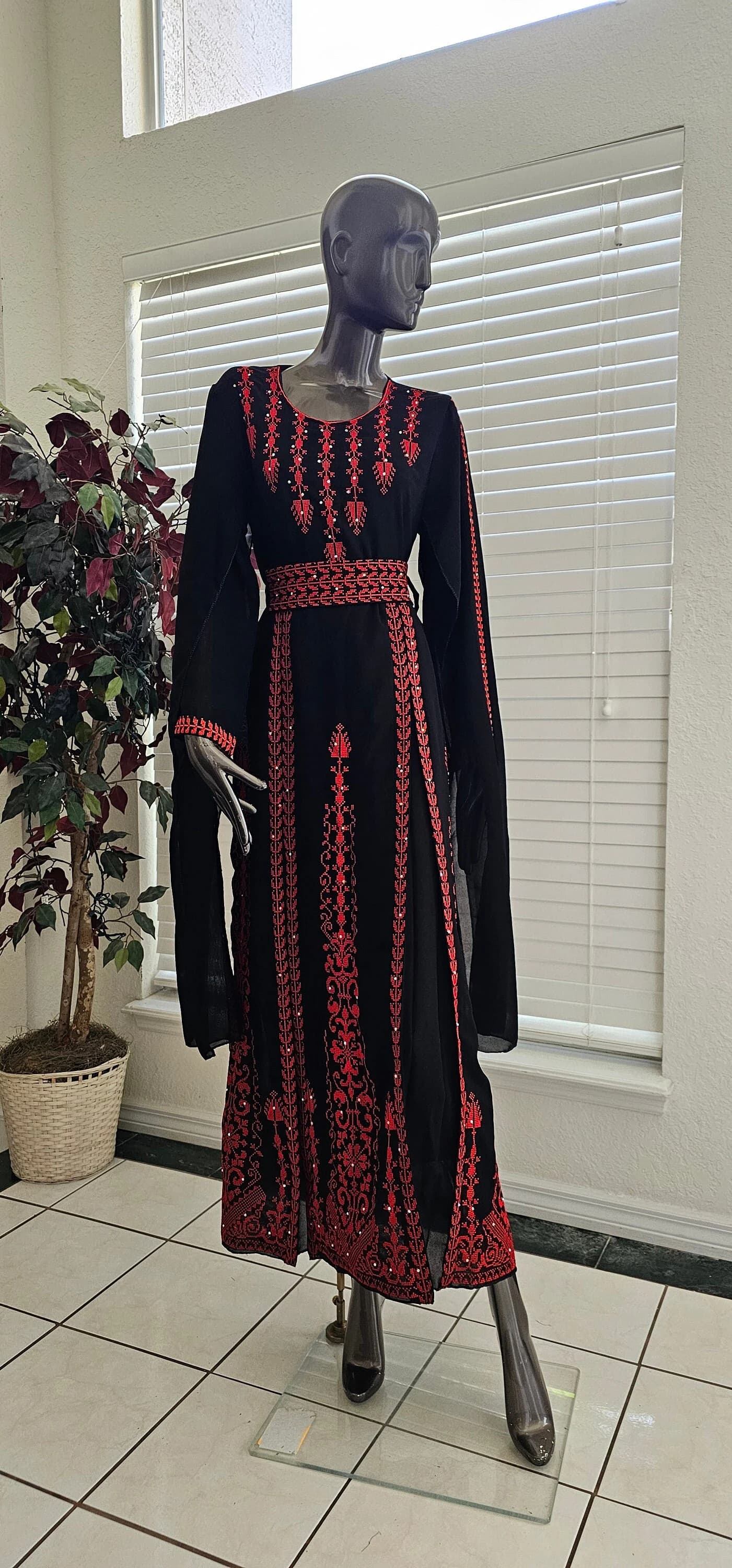 Black Palestinian Thobe Dress with Red Tatreez Embroidery
