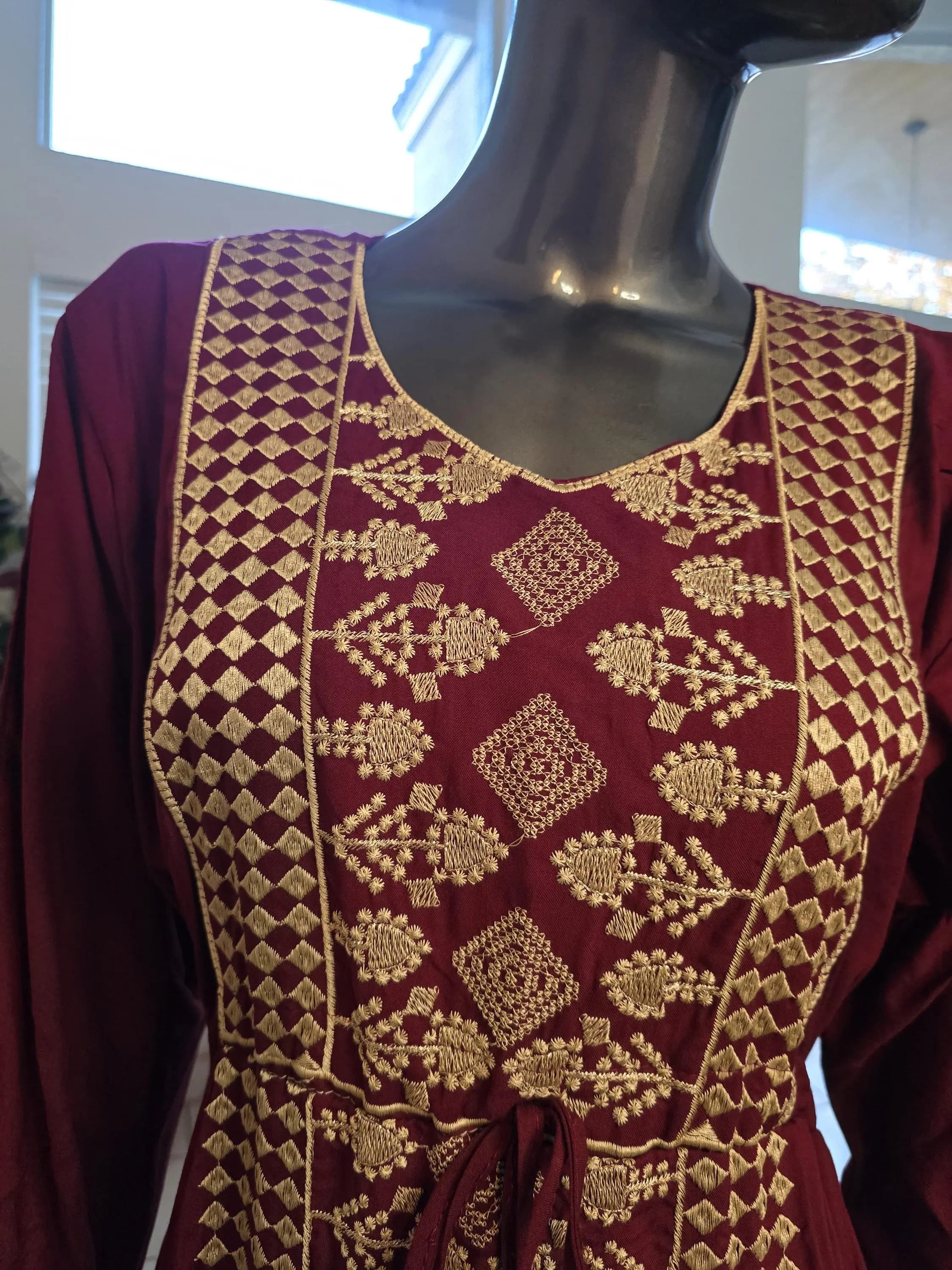 Embroidered Burgundy Abaya Dress, Golden Tatreez, Long Sleeve Kaftan - image 5