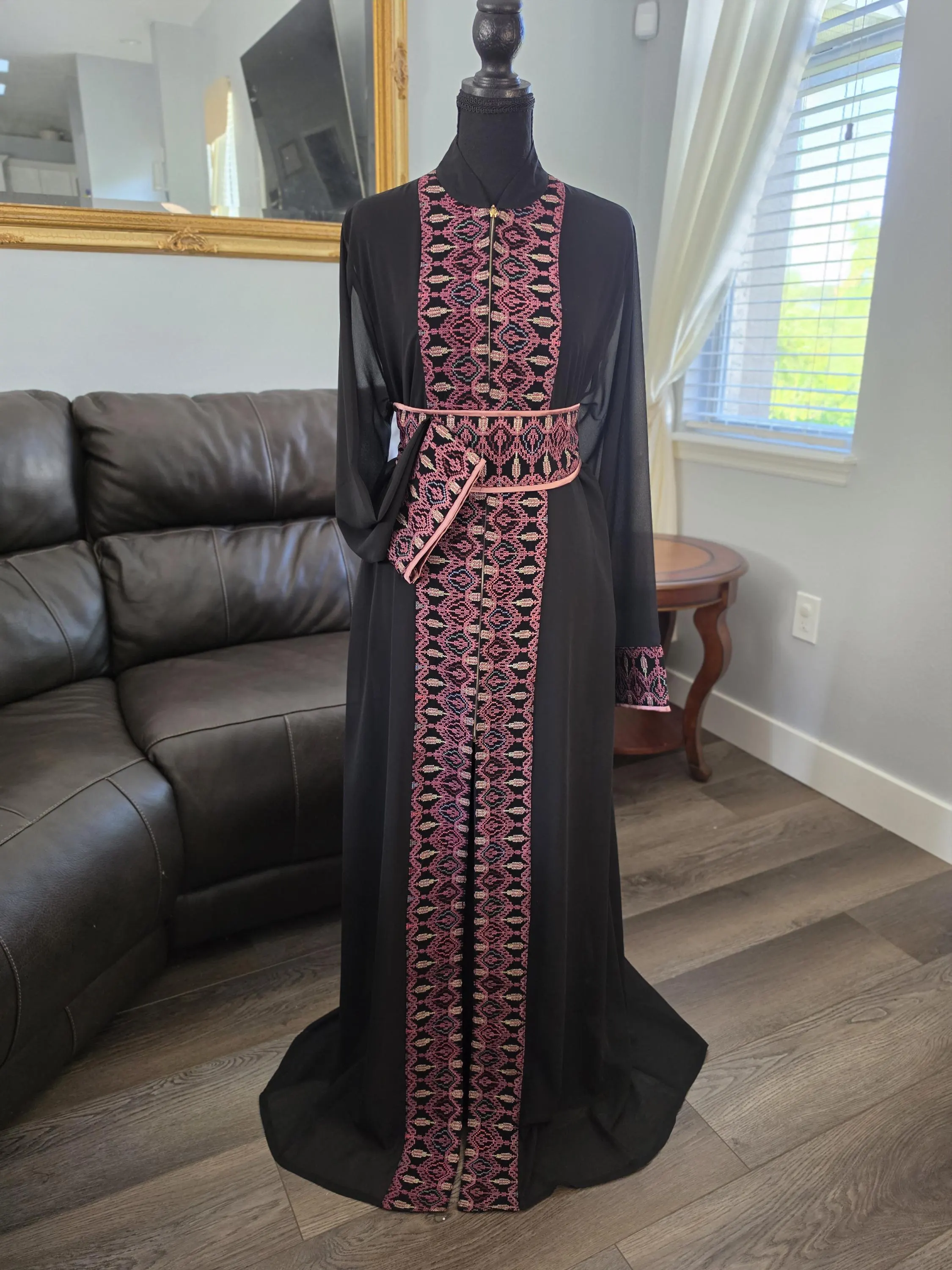 Embroidered Tatreez Black Abaya Thobe – Palestinian Kaftan with Belt (2 Pieces)