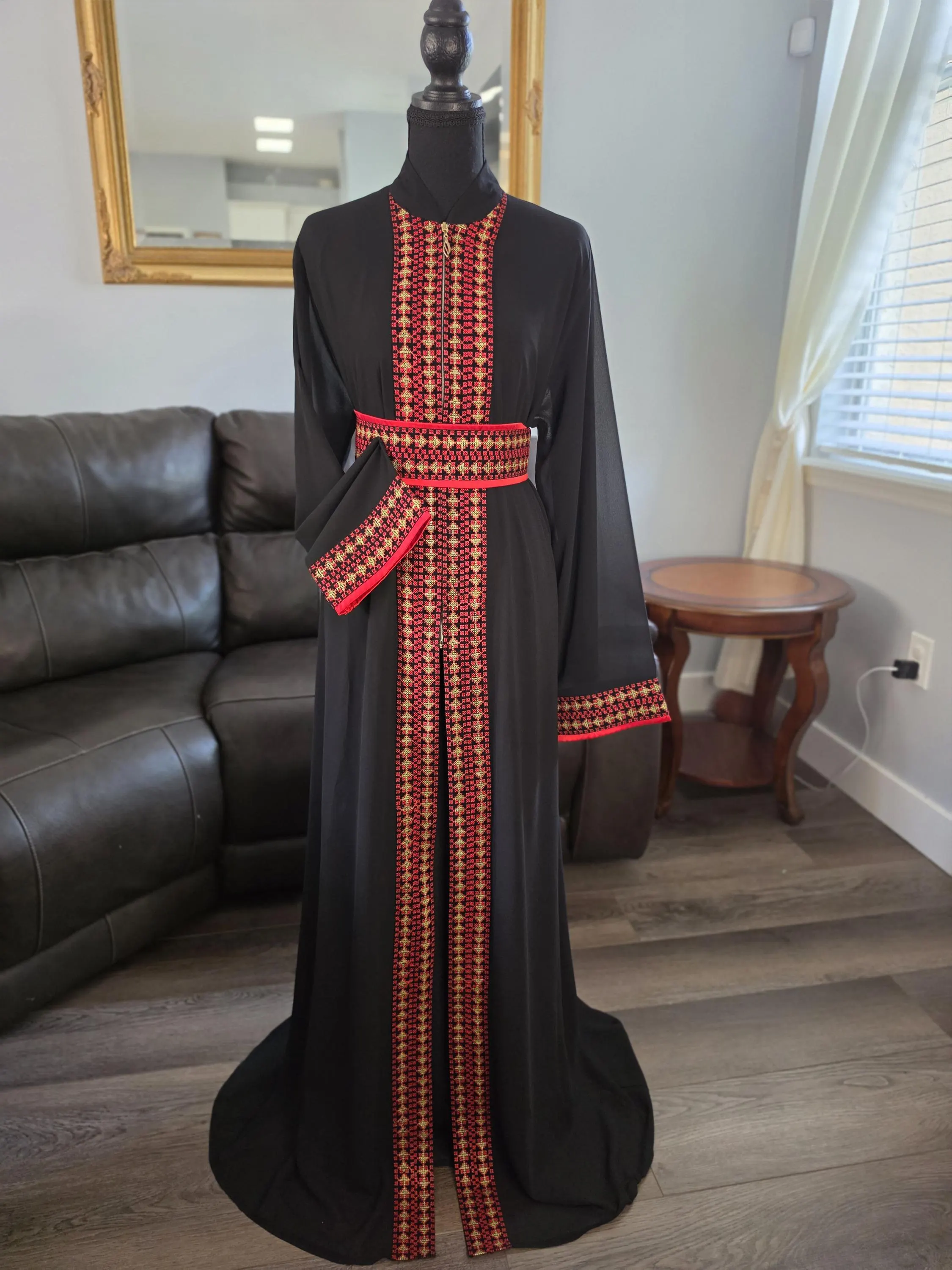 Embroidered Tatreez Black Abaya Thobe – Palestinian Kaftan with Belt (2 Pieces)