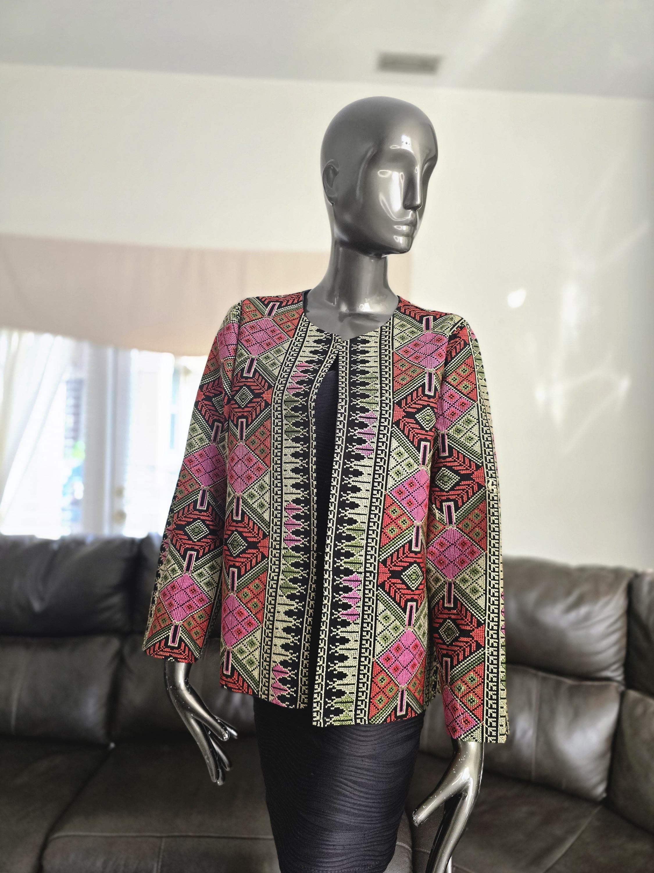 Full Embroidered Palestinian Jordanian Jacket with Gold, Red and Pink Tatreez from font, Back & sleeves Size 3/ Medium - image 5