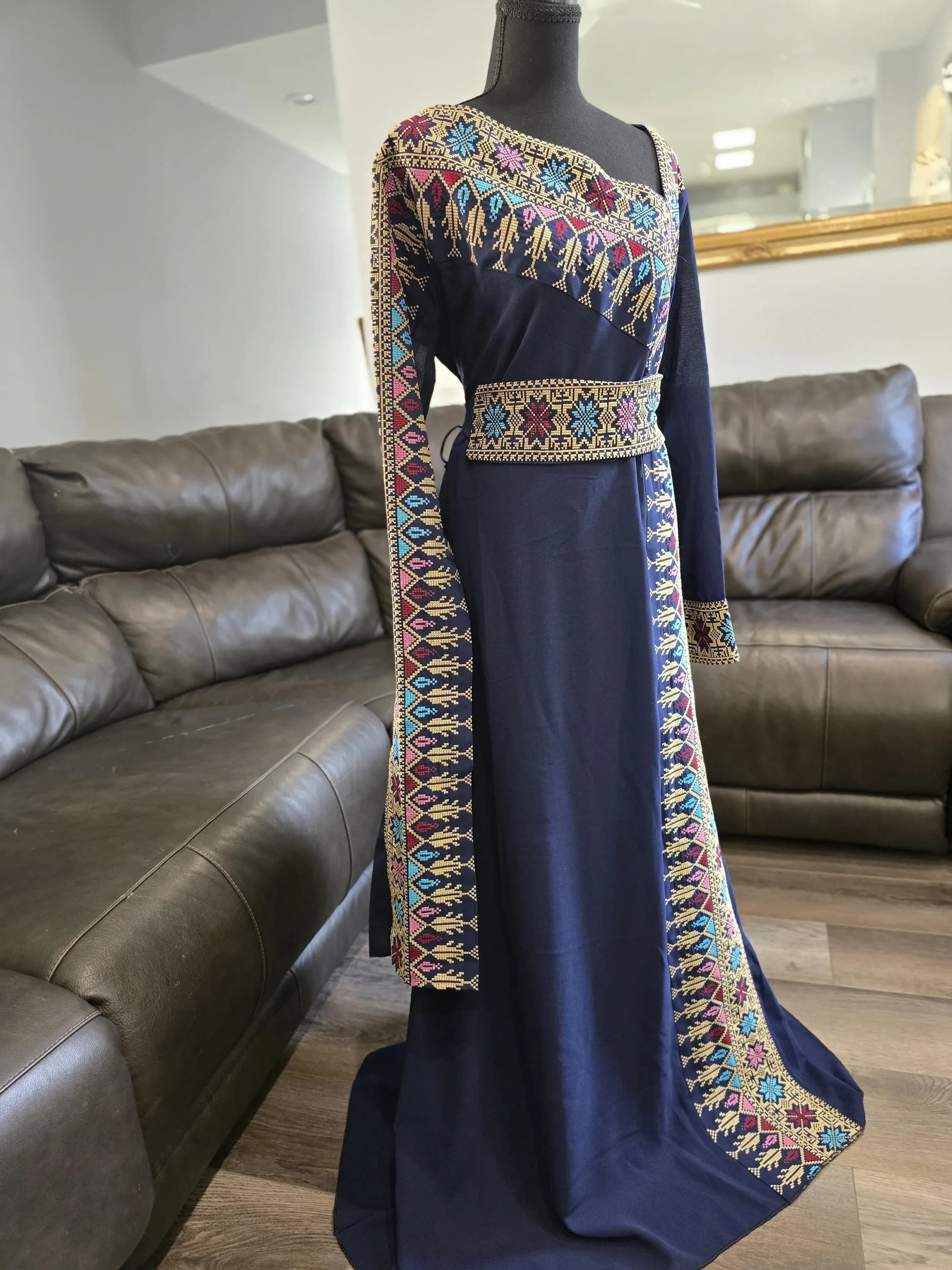Navy Blue embroidered Dress thobe with Gold embroidery Tatreez & embroidered belt - image 3