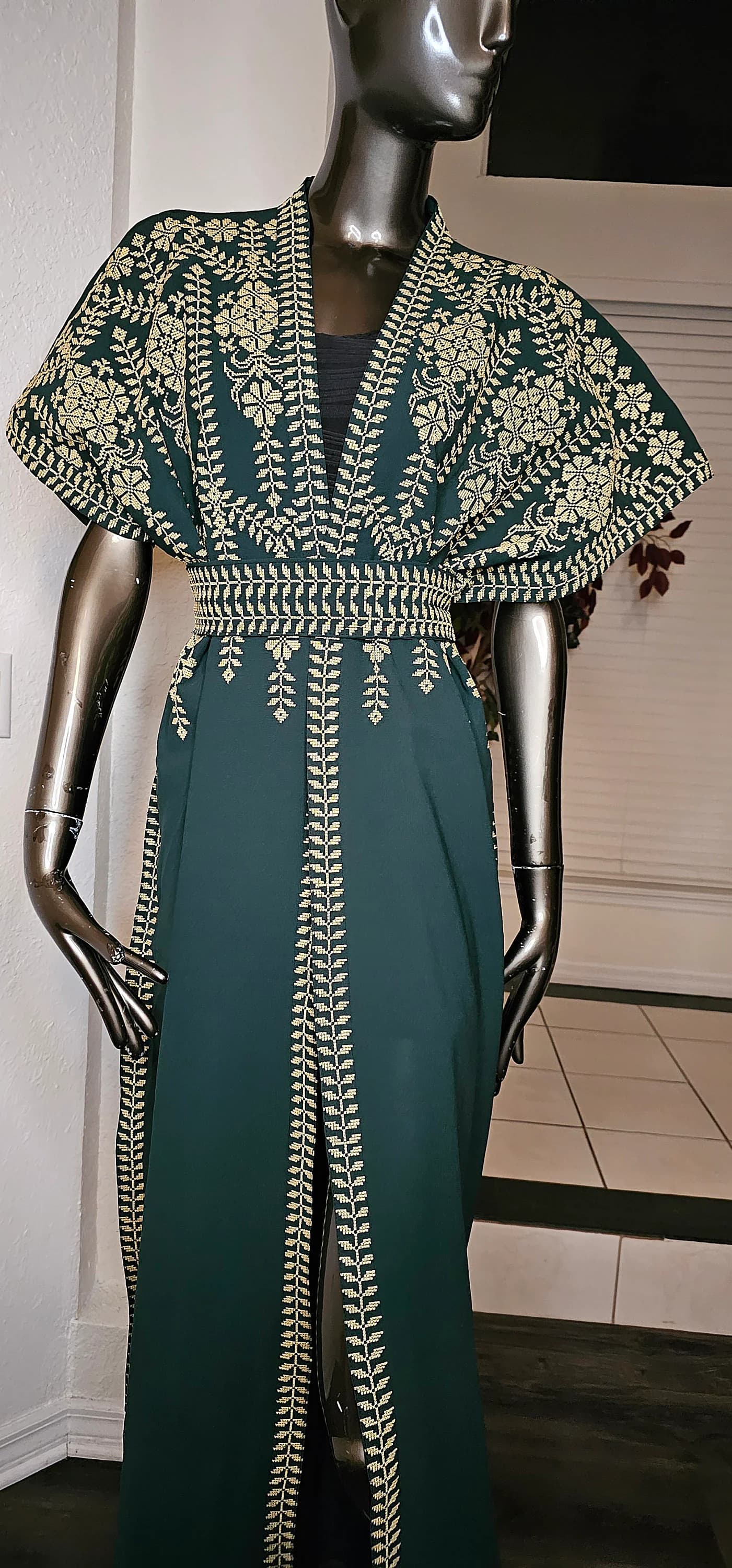 Green Embroidered Abaya: Palestinian Tatreez Kaftan Dress with Belt