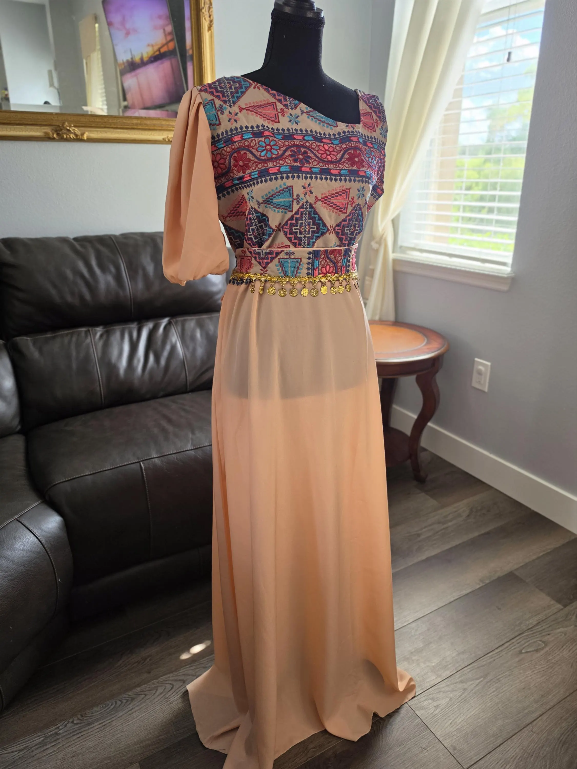 Modern One-Shoulder Tatreez Maxi Dress with Gold Coins Peach Chiffon Jordanian Palestinian Embroidered Gown - image 5