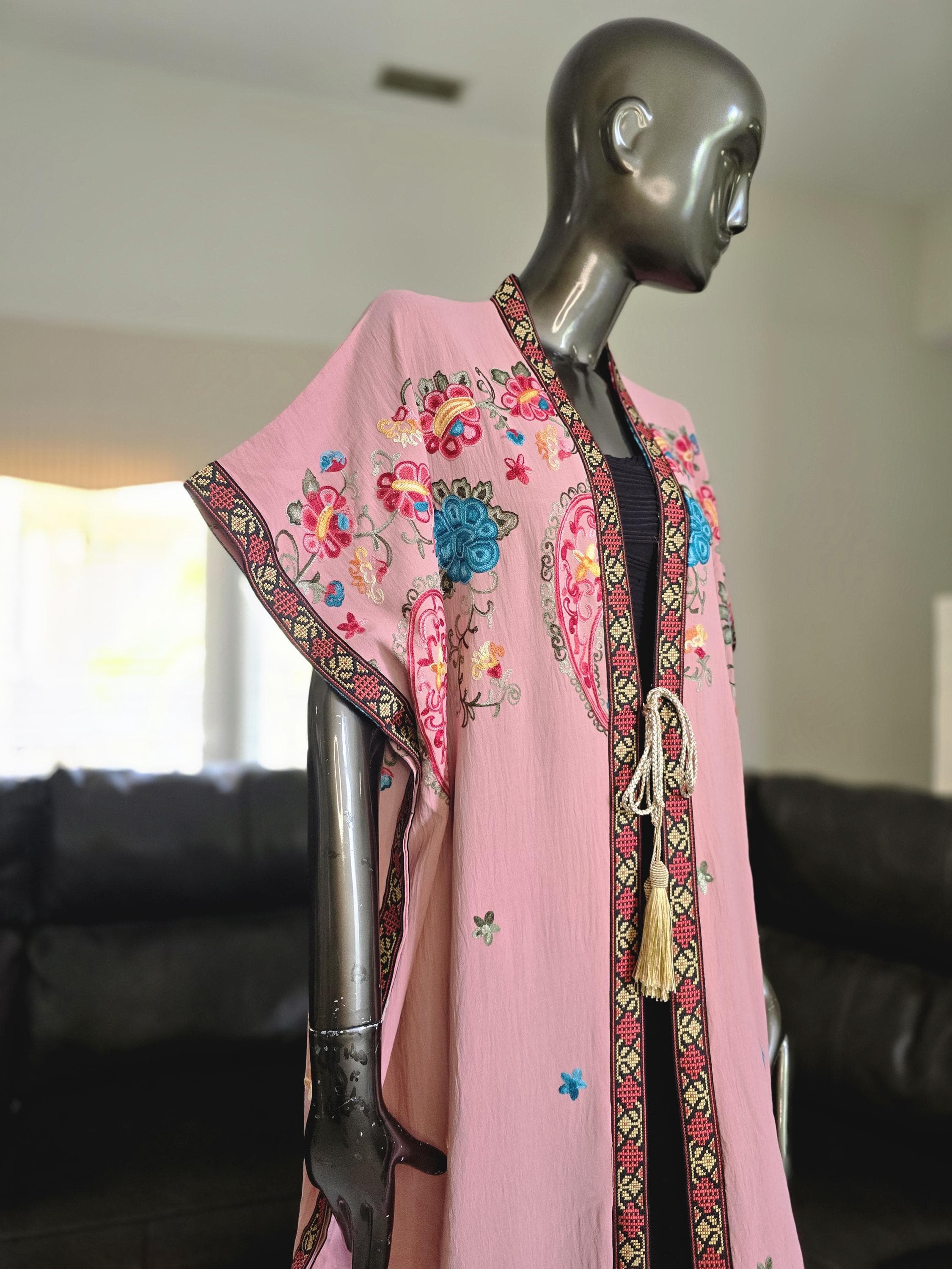 Peach Abaya / Bisht / Kaftan / Thobe with colorful floral embroidery Tatreez - image 3