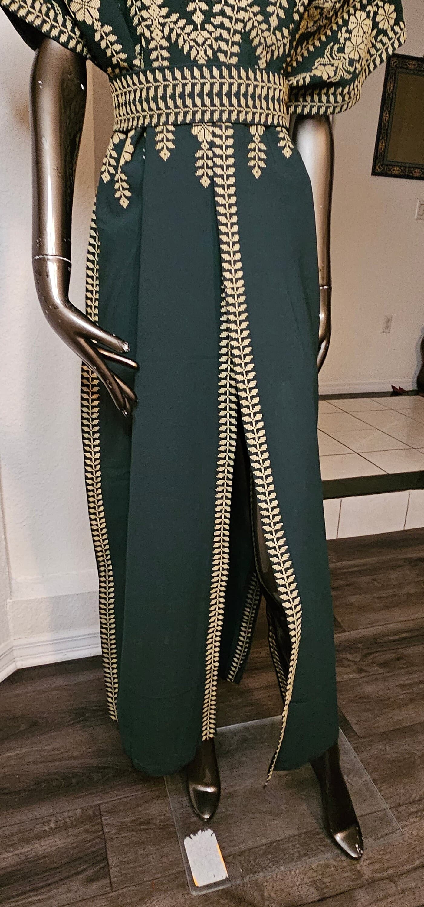 Green Embroidered Abaya: Palestinian Tatreez Kaftan Dress with Belt - image 3