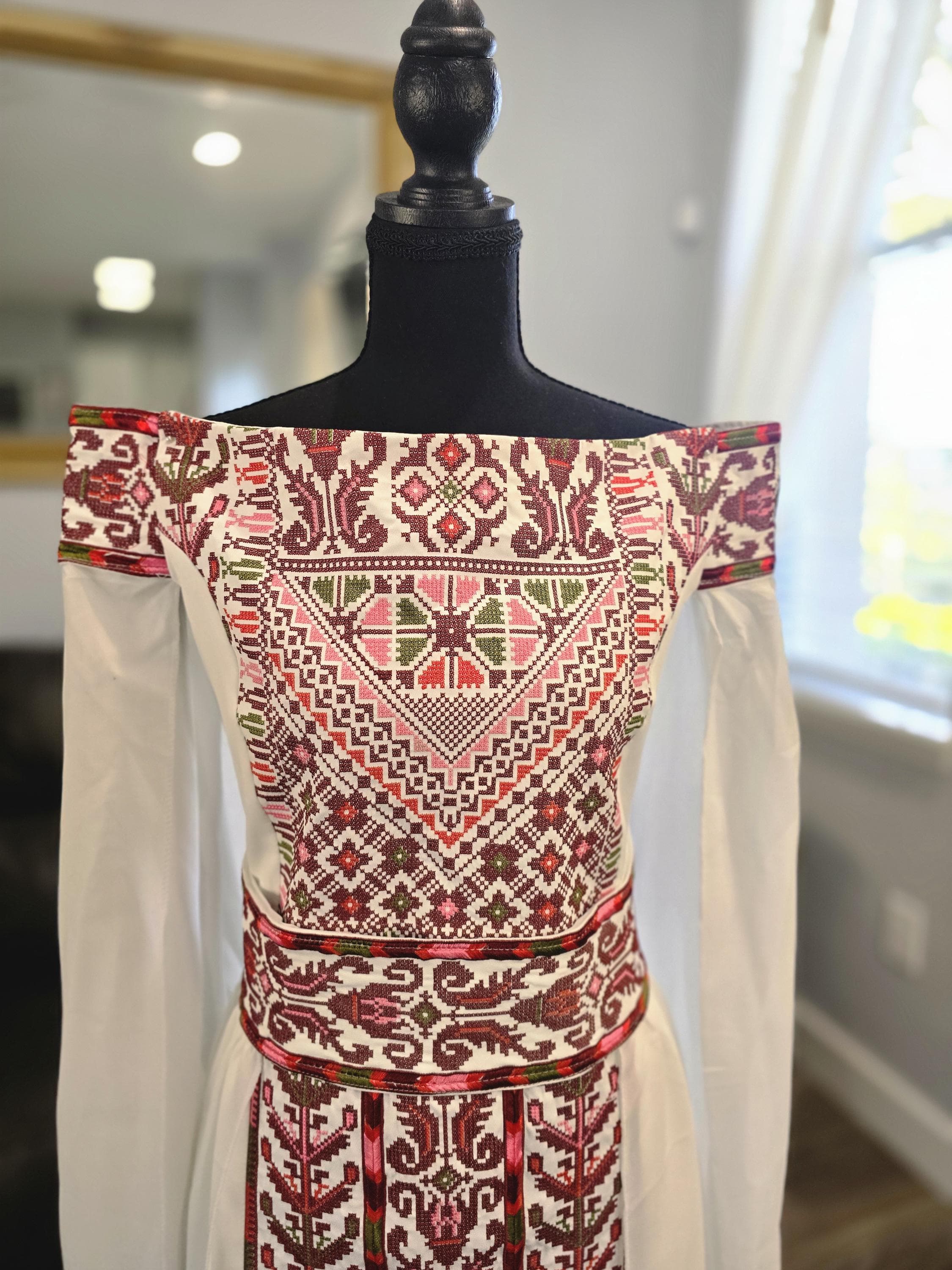 White embroidered off-shoulder Gown Dress thobe with Burgundy embroidery Tatreez & embroidered belt - image 3